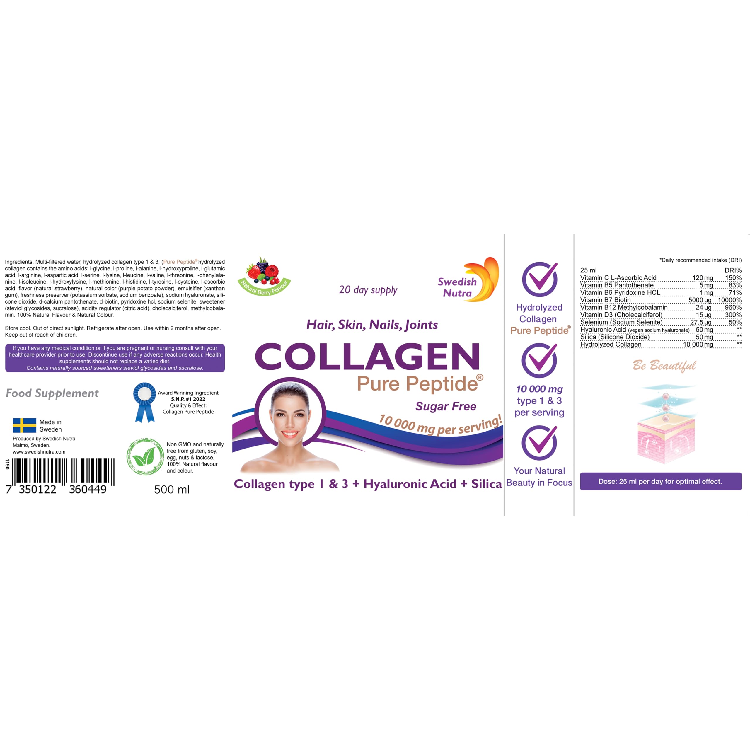 Swedish Nutra Liquid Bovine Collagen - Pack of 500ml, 20 Day Supply | Sugar Free Berry Flavour Swedish NutraAu supplements