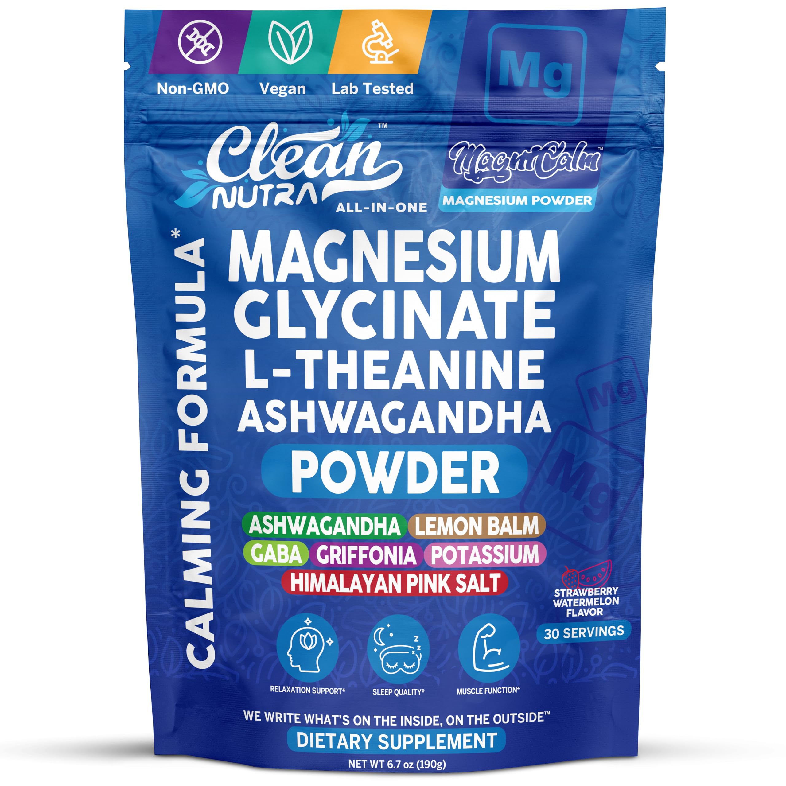 Magnesium Glycinate Powder Supplement + L Theanine Ashwagandha Glycine Apigenin Lemon Balm GABA 5HTP Pink Salt Potassium L Tryptophan Calcium | Powdered Sleep Aid Calm Trace Minerals Vitamin Clean NutraceuticalsAu supplements