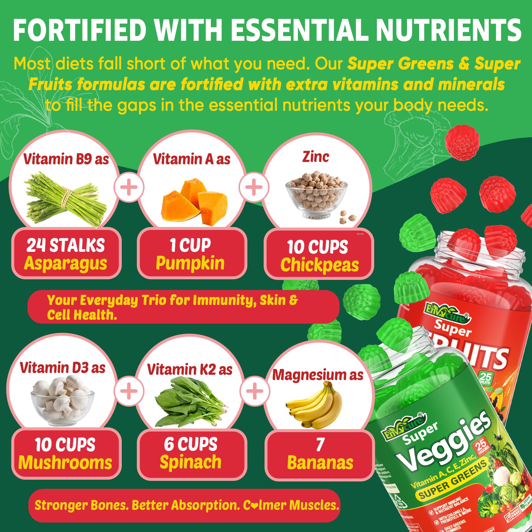 Super Greens Gummies, Daily Green Superfood Supplement w/Spirulina, Chlorella, Mushrooms, Probiotics, Multivitamins, 50+ Super Greens & Veggies Gummies to Boost Immunity, Energy & Gut Health, 120cts EnvyCureAu supplements