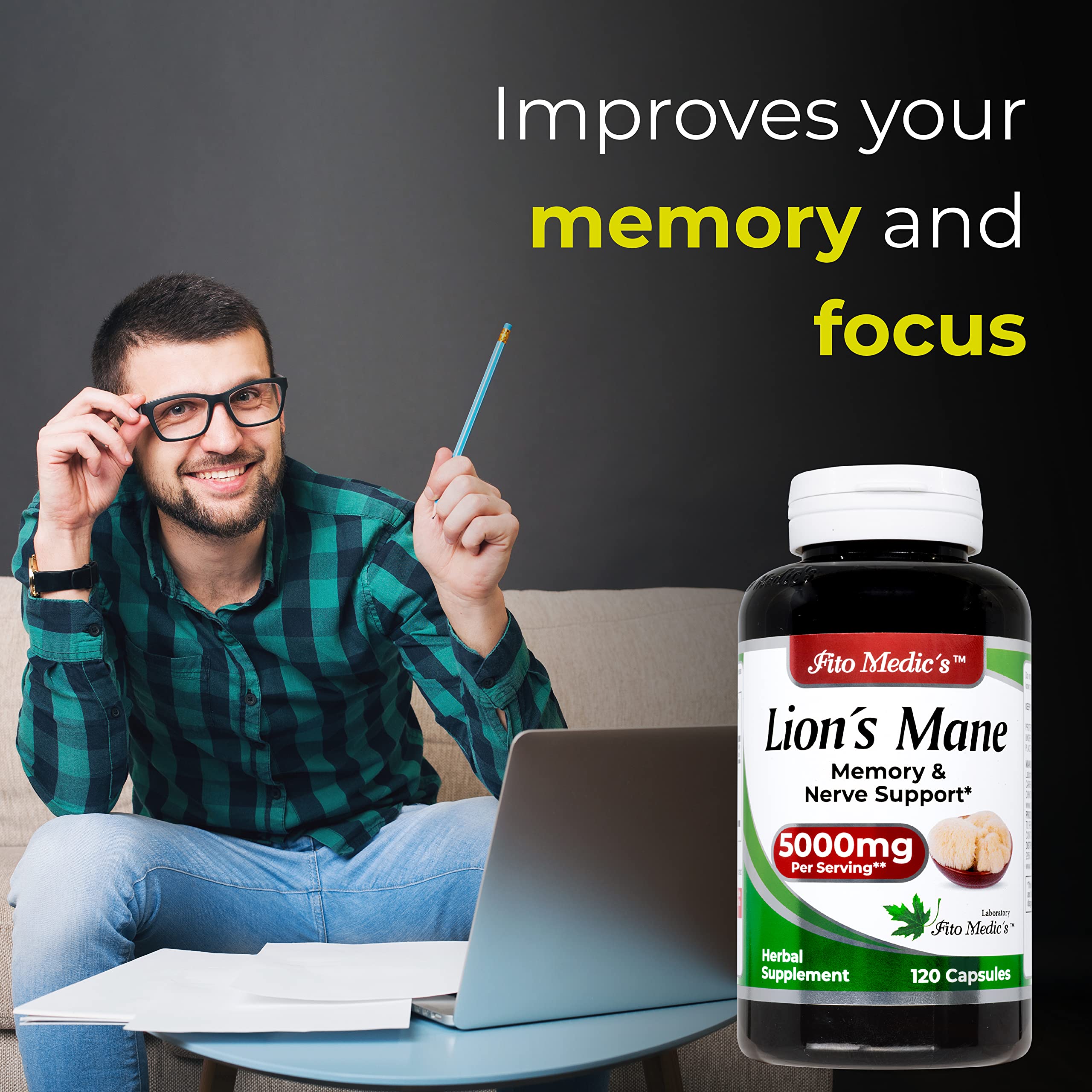 Lab | Lions Mane | 5000 mg per Serving | 120 Capsules | lions mane supplement | lions mane FITO MEDIC'SAu supplements