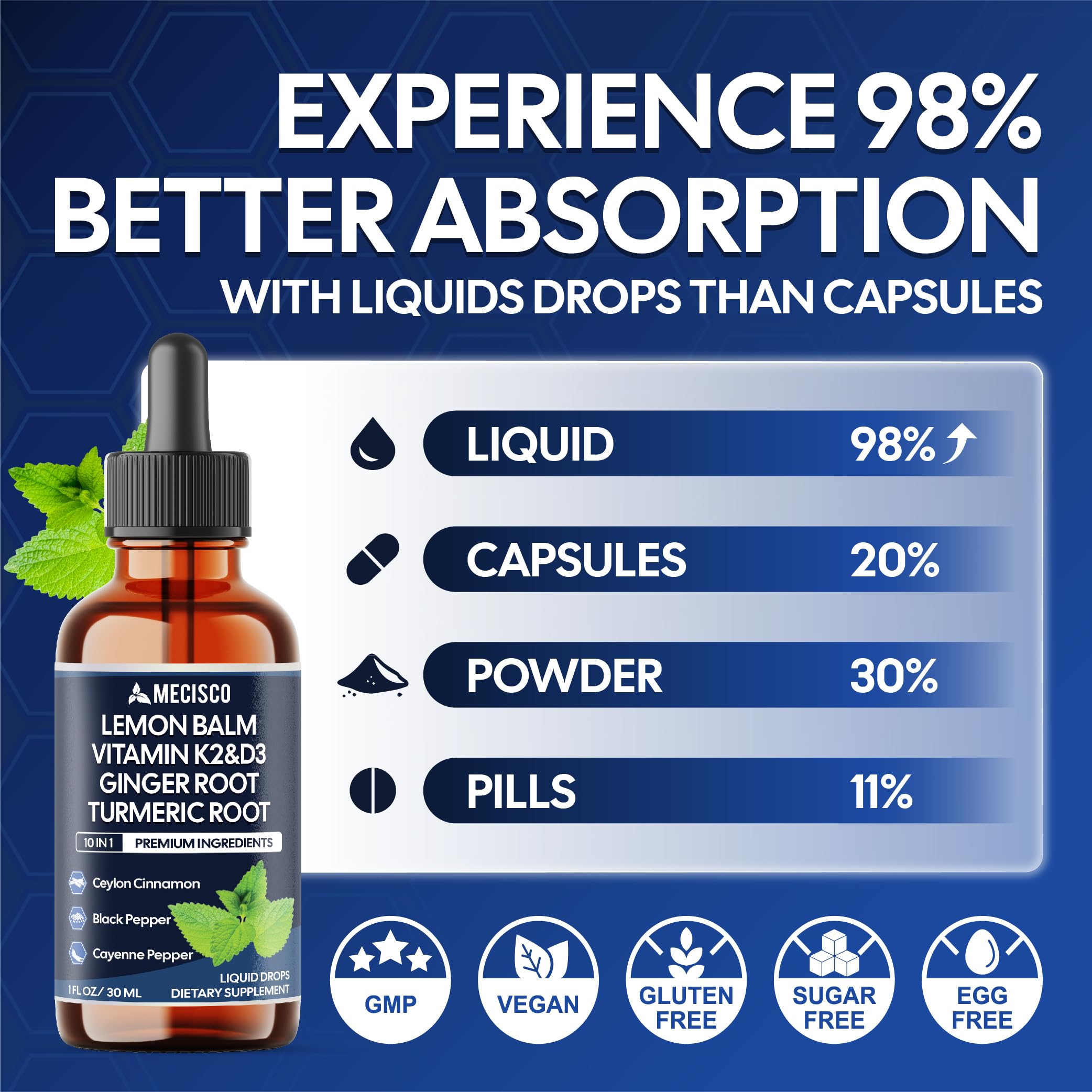 10in1 Lemon Balm Liquid Drops Blend Includes Vitamin D3, Vitamin K2, Lemon Balm, Ginger, Turmeric, Ceylon Cinnamon, Black Pepper, Cayenne Pepper, Berberine, Valerian Root - 1 FL Oz - 2 Month Supply MeciscoAu supplements