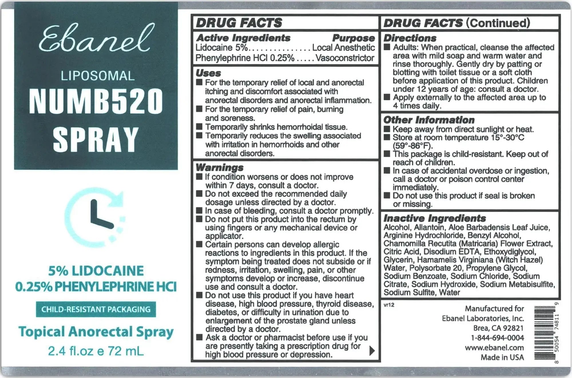 Ebanel 5% Lidocaine Spray Pain Relief Numb520 Burn Itch Relief Numbing Spray for Skin, Topical Anesthetic Postpartum Hemorrhoid Treatment with Phenylephrine for Local and Anorectal Uses EBANEL LABORATORIESAu supplements