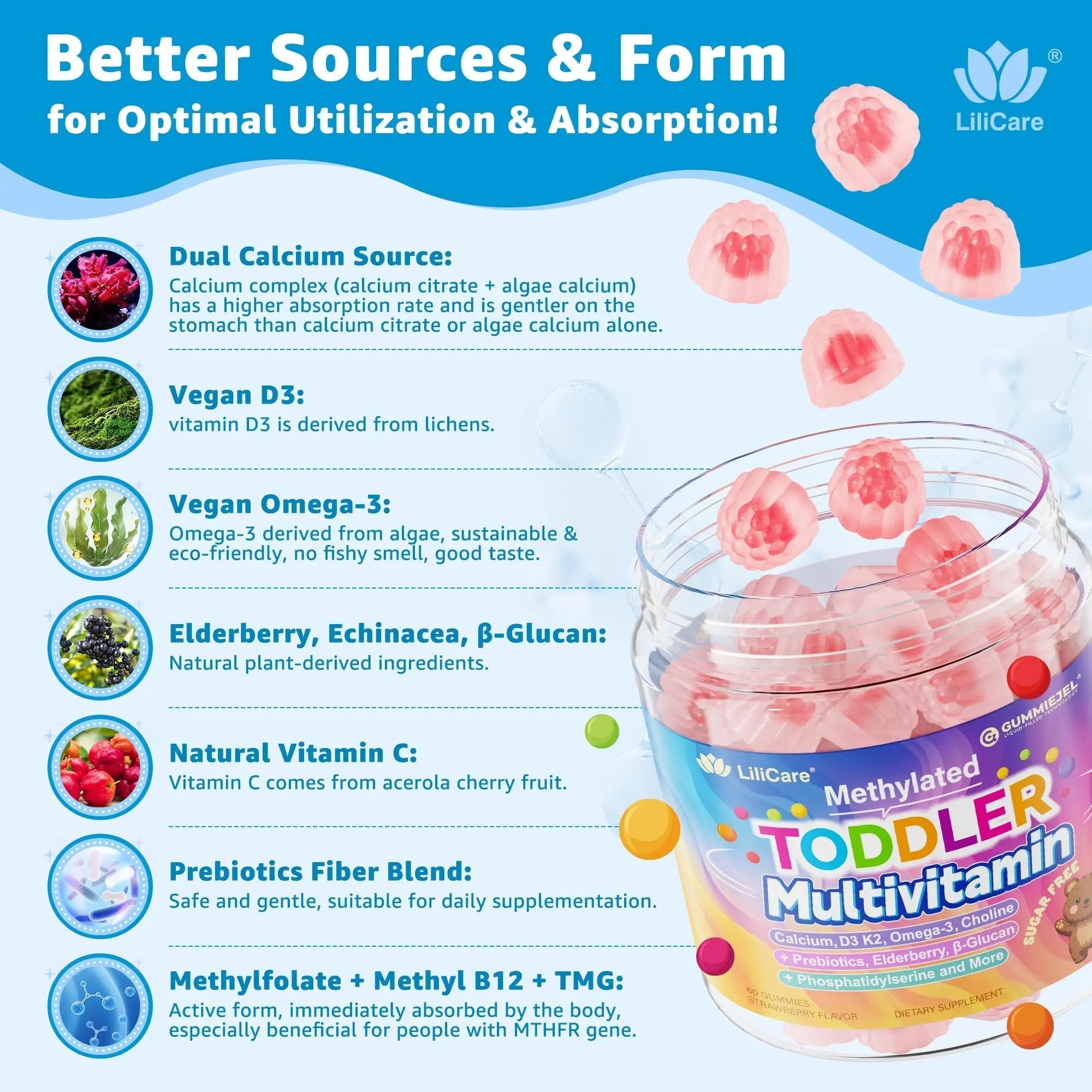 Toddler Multivitamin Gummies with Iron, Omega-3, ARA, Calcium, Prebiotic | Methylated Vitamins for Kids Ages 2+ | Overall Support | LILICAREAu supplements