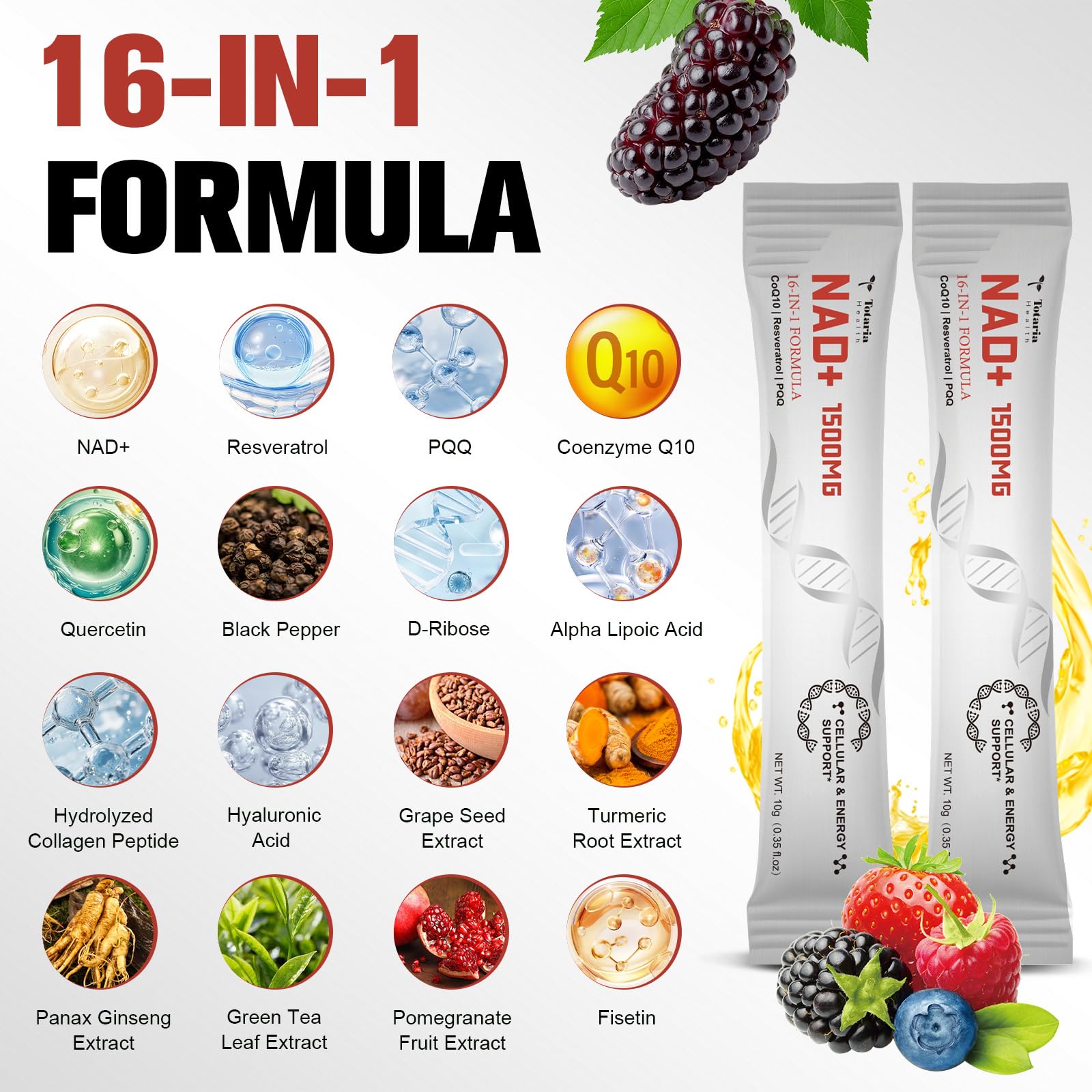 Totaria NAD Liquid Supplement 1500mg for Men & Women, Extra Strength NAD+, Resveratrol, PQQ, CoQ10, 16-in-1 Formula with Nicotinamide Riboside for Anti Aging, Energy, Immune, Focus (30 Packets) TotariaAu supplements