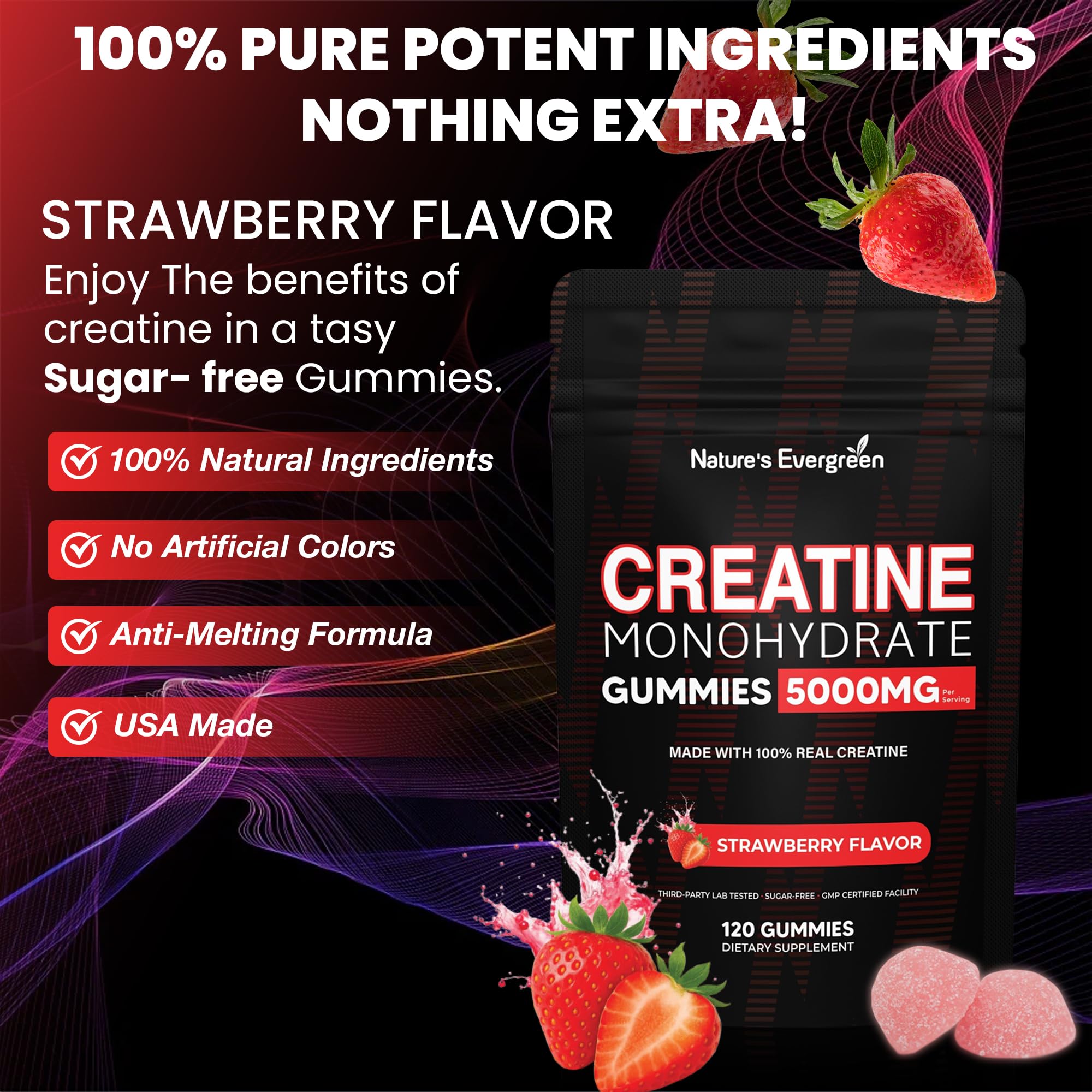 Creatine Monohydrate 5000mg Gummies, Pre-Workout 5g Creatine Gummy Supplement for Men & Women: Muscle Builder & Energy Boost, Sugar Free, Vegan, Strawberry Flavor, (120 Count) Made in USA Nature's EvergreenAu supplements