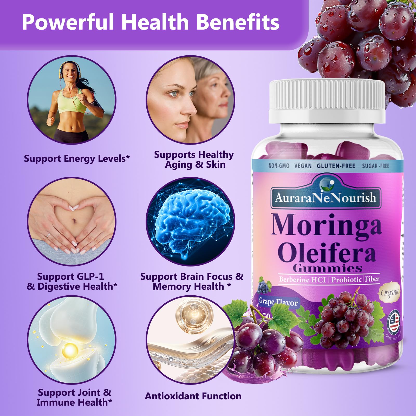 AuraraNeNourish Organic Moringa Oleifera Gummies for Women & Men, 8-in-1 Superfood Blend w. Berberine HCl & Moringa Leaf Extract for GLP-1 Support & Energy Immune Joint & Gut Health Sugar-Free AuraraNeNourishAu supplements