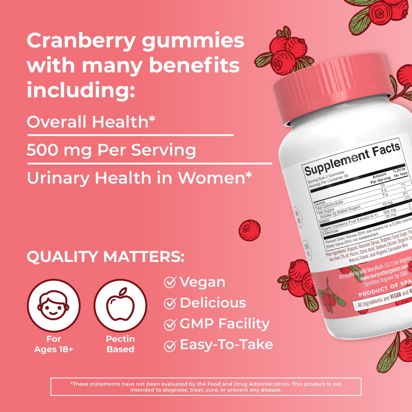 MaryRuth Organics Organic Cranberry Gummies - 500mg Supplement | Urinary Tract Health for Women | with D Mannose | Traditional Use MARYRUTH'SUS supplements