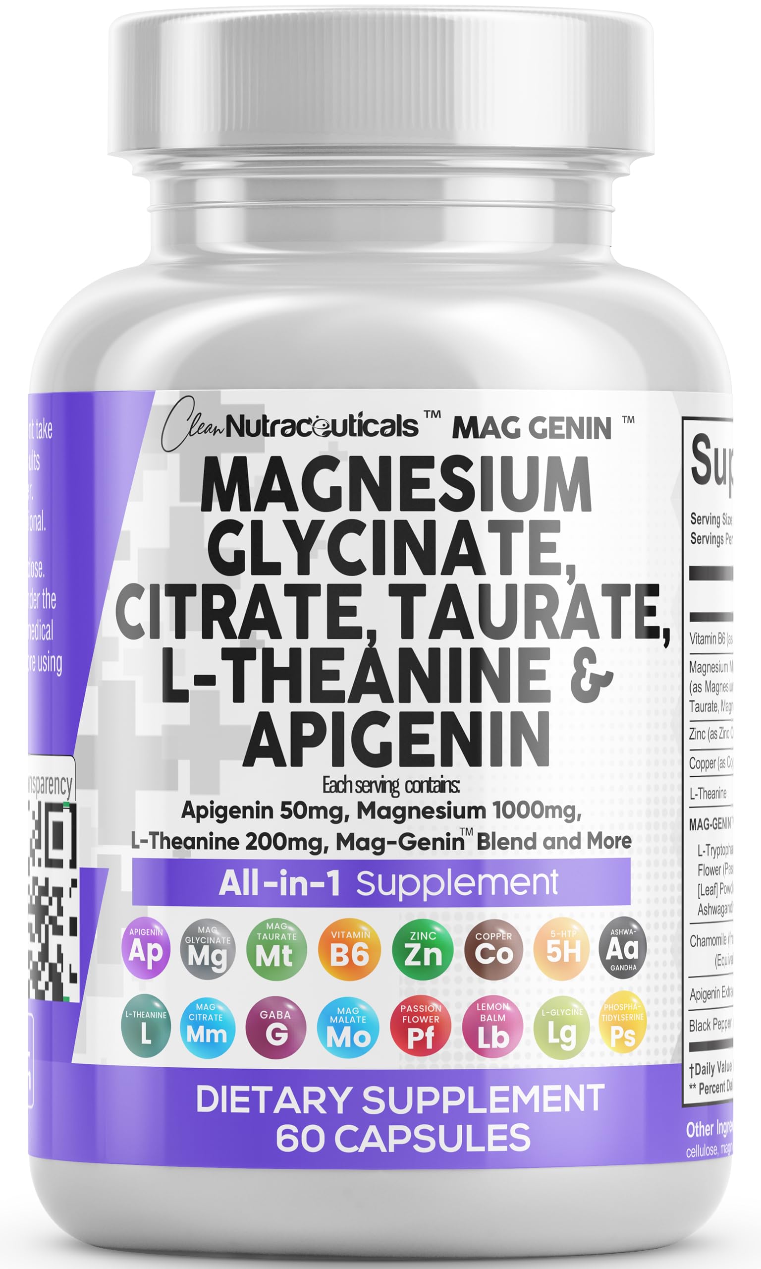 Clean Nutraceuticals Magnesium Glycinate Complex 1000mg with L-Theanine 200mg Apigenin 50mg Citrate Taurate Supplement - 5-HTP GABA Passion Flower Lemon Balm L-Glycine Phosphatidylserine - 60 Count Clean NutraceuticalsAu supplements