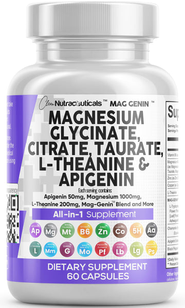Clean Nutraceuticals Magnesium Glycinate Complex 1000mg with L-Theanine 200mg Apigenin 50mg Citrate Taurate Supplement - 5-HTP GABA Passion Flower Lemon Balm L-Glycine Phosphatidylserine - 60 Count Clean NutraceuticalsAu supplements