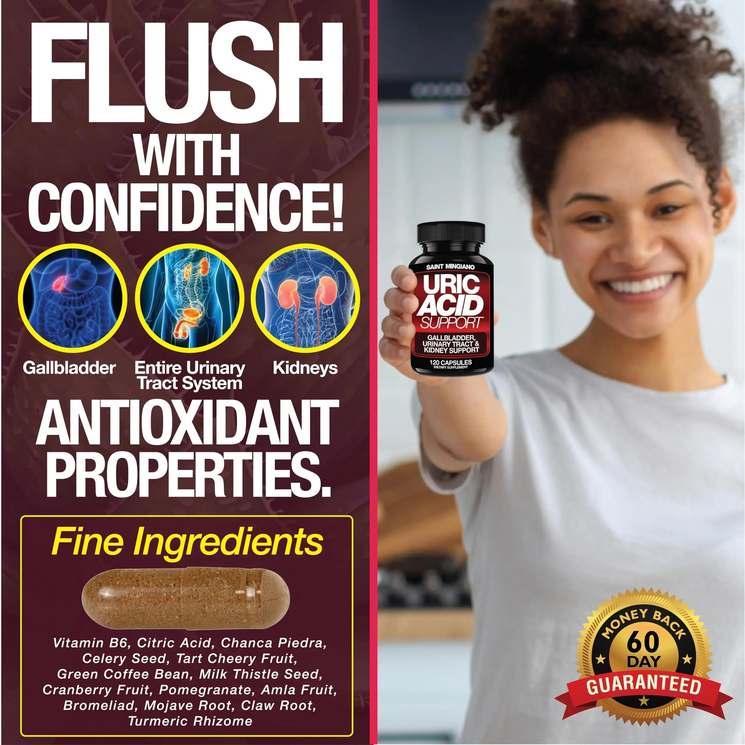 Saint Mingiano Uric Acid Flush for Gout Support -120 Capsules - Supports Kidney Cleanse Detox & Repair, Gallbladder & Urinary Tract Issues - Essential for Detox & Joint Support - Cranberry Extract Saint MingianoAu supplements