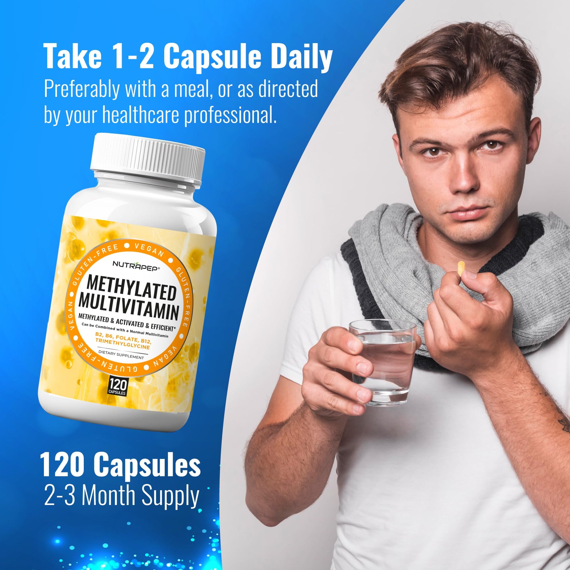 NutraPep Methylated Multivitamin for Men Women - 5-MTHF Riboflavin Vitamin B2 B6 B12 B Complex Trimethylglycine Methyl Folate L Methylfolate Capsules Supplement NutraPepAu supplements