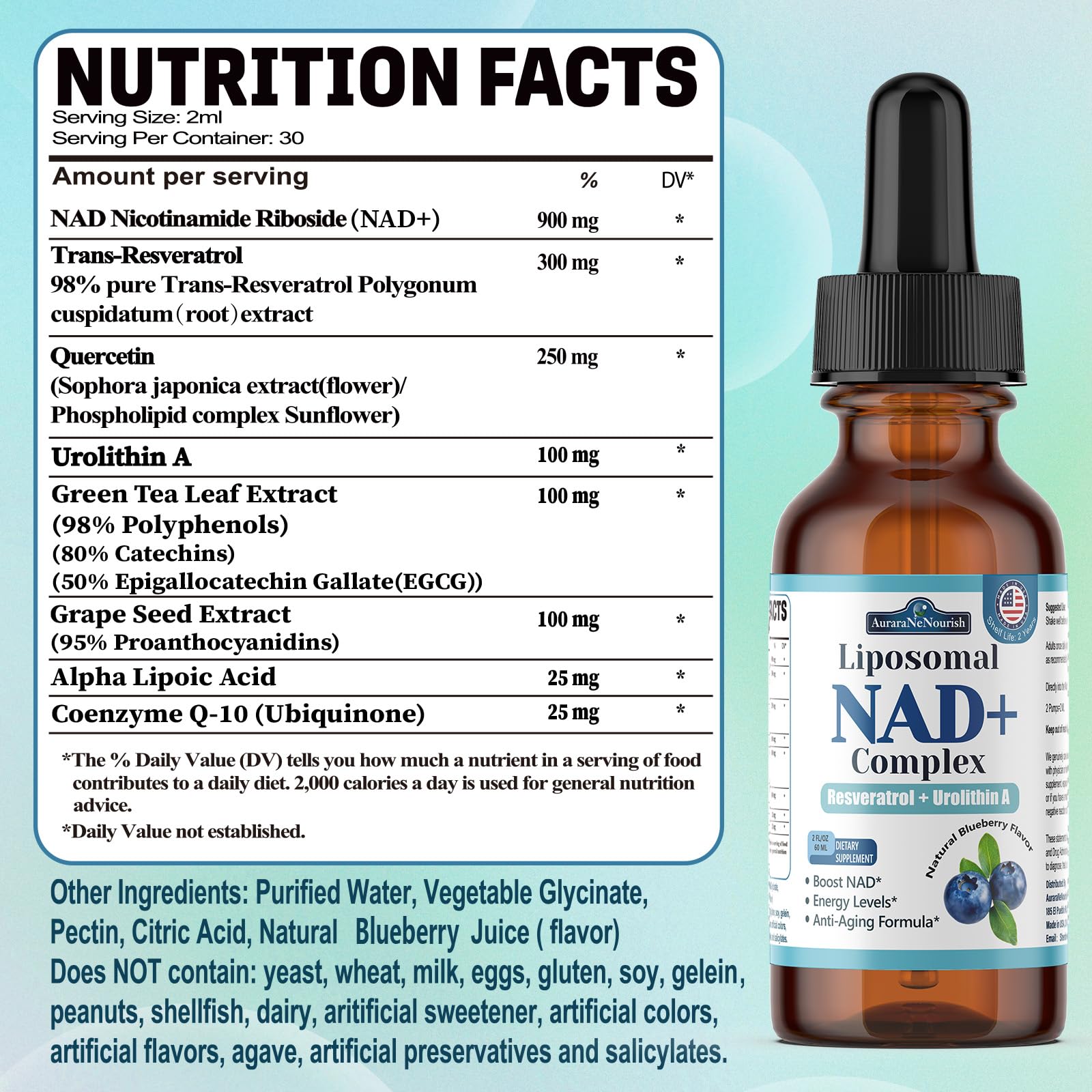 Liposomal NAD+ Liquid Drops, 8-in-1 NAD⁺ Nicotinamide Riboside Resveratrol 900mg w. Quercetin & Urolithin A | Fast Absorption NAD+ Supplement with CoQ10, ALA | Cellular Energy, Anti-Aging, Vitality AuraraNeNourishAu supplements