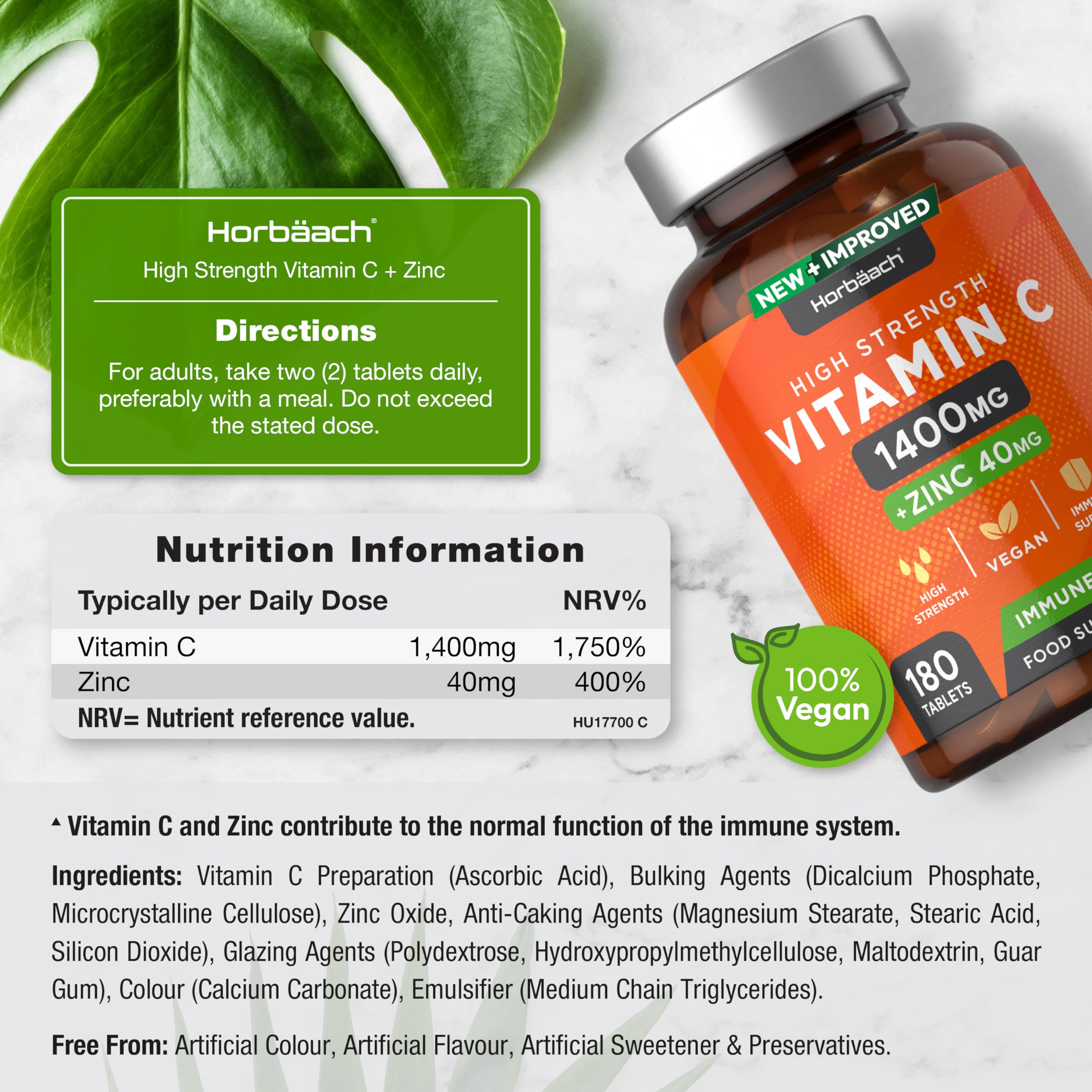 Vitamin C and Zinc | 180 Vegan Tablets | High Strength Vitamin C 1400mg and Zinc 40mg HorbäachUS supplements
