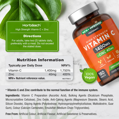 Vitamin C and Zinc | 180 Vegan Tablets | High Strength Vitamin C 1400mg and Zinc 40mg HorbäachUS supplements