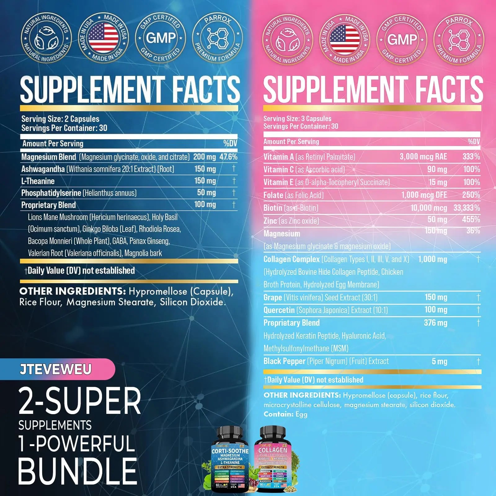 JTEVEweu Shining Serenity Set, Cortisol Support with Ashwagandha, L-Theanine, Magnesium, Lions Mane, GABA, Bacopa Monnieri, Collagen Biotin, Keratin, Hyaluronic Acid, Quercetin JTEVEweunz supplements