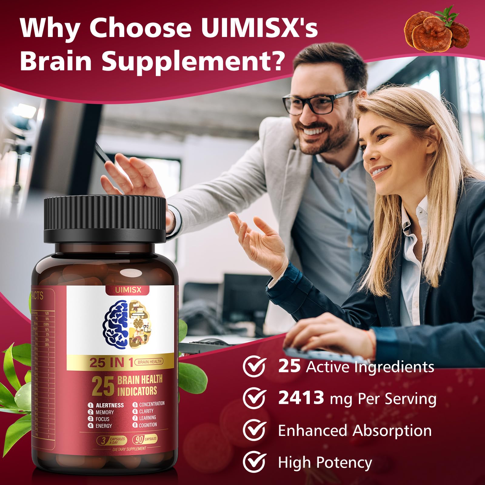 UIMISX Brain Supplement for Mental Alertness, Memory, Focus & Energy, Alpha GPC, Huperzine-A, L-Tyrosine, Phosphatidylserine, Vitamins B6 B12, High Absorption, 90 Capsules UIMISXAu supplements