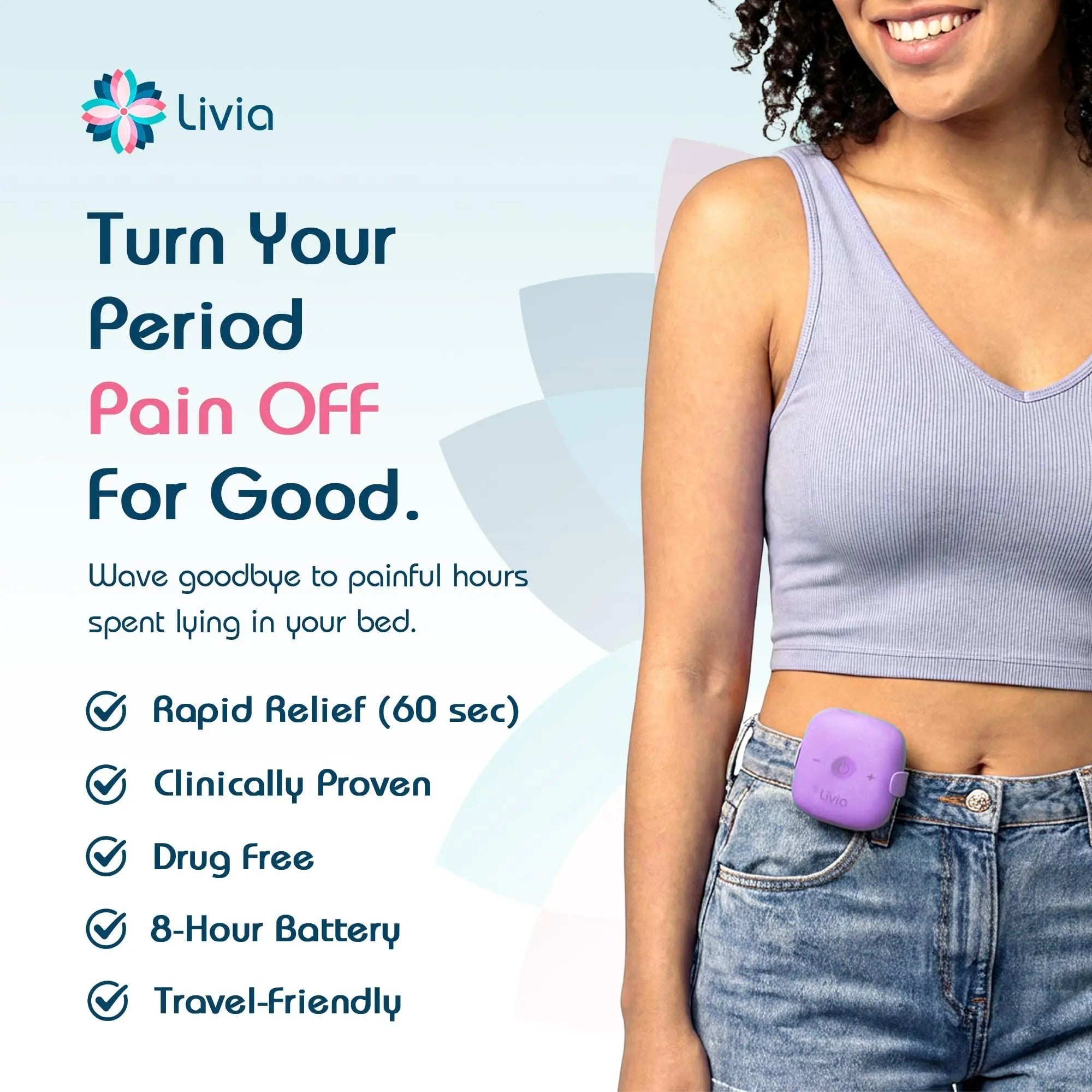 Livia Menstrual Pain Relief Device, Lavender – Off-Switch for Period Pain – Portable & Discreet – Rechargeable, Up to 8 Hours Battery – Complete Kit with Stick-On Pads – The Go-to Travel Partner LiviaAu supplements