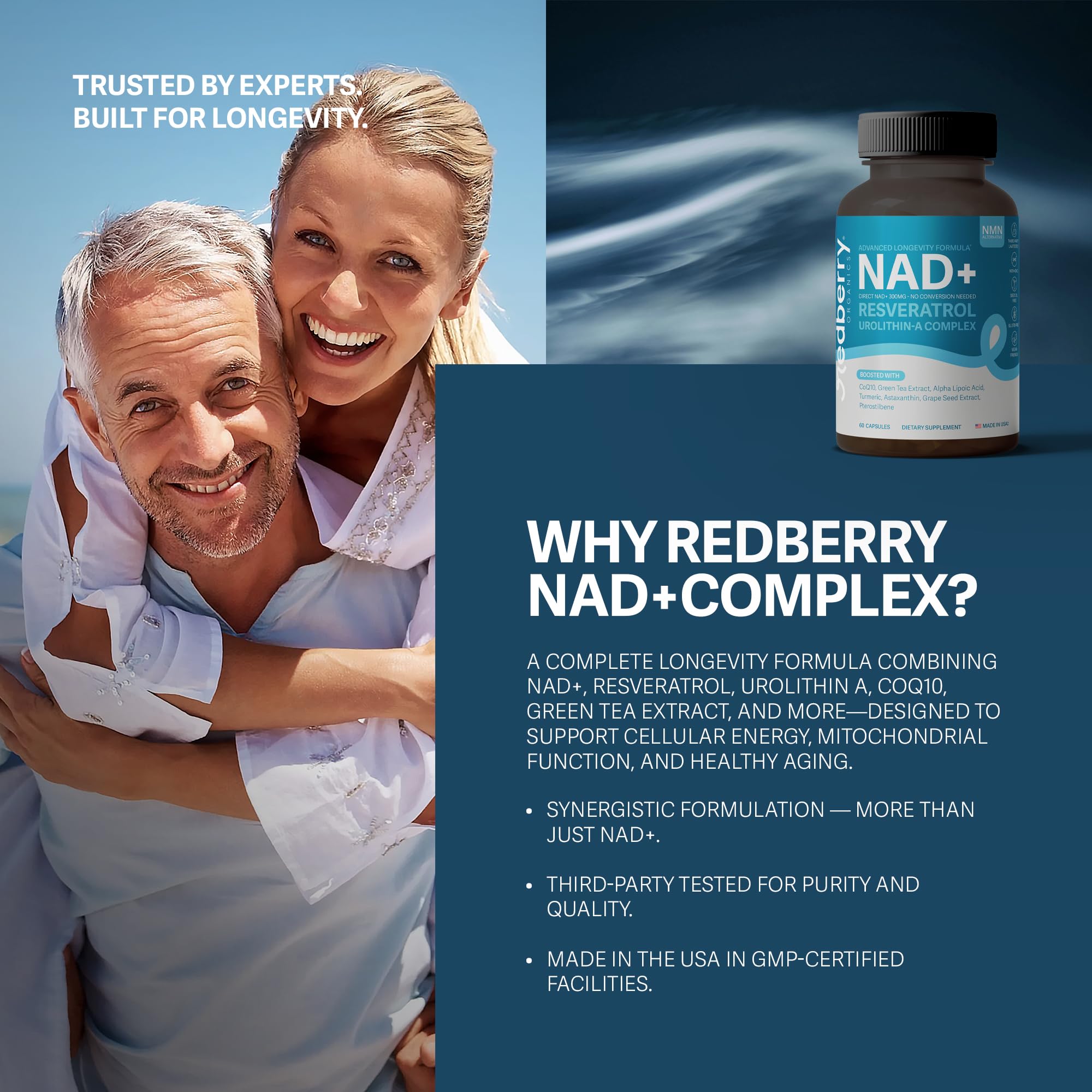 NAD Supplement with Direct NAD+ 300mg (NAD Plus) | Advanced Longevity Complex with Urolithin A & Resveratrol | NMN Alternative | 60 Capsules | Non-GMO, Gluten Free | Made in USA Redberry OrganicsAu supplements