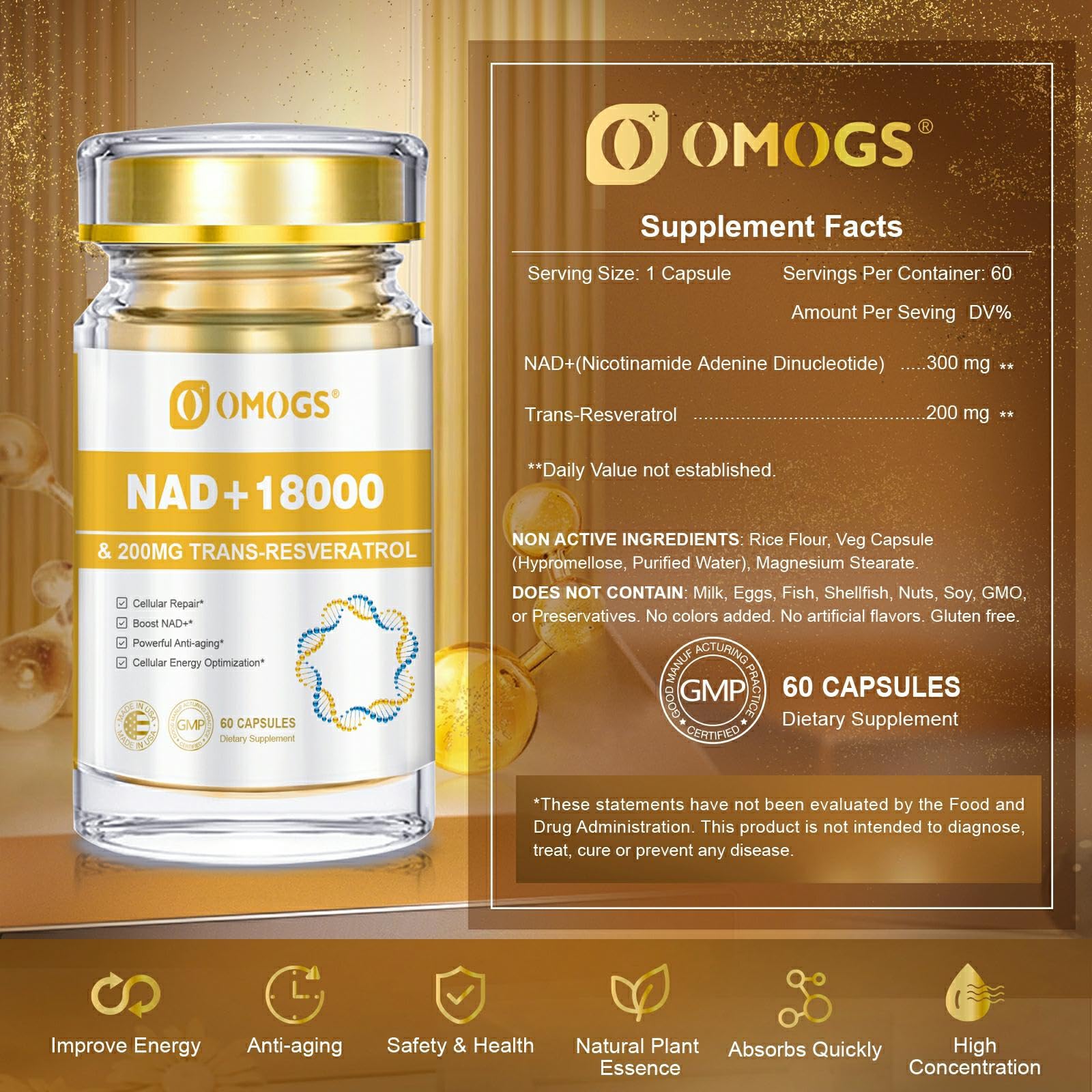 OMOGS NAD+ 300 mg + Trans-Resveratrol 200 mg, Pure NAD Supplement, Max Absorption, Boosting Supplement for DNA Repair, Healthy Aging, Cellular Energy & Longevity, 60 Capsules OMOGSAu supplements