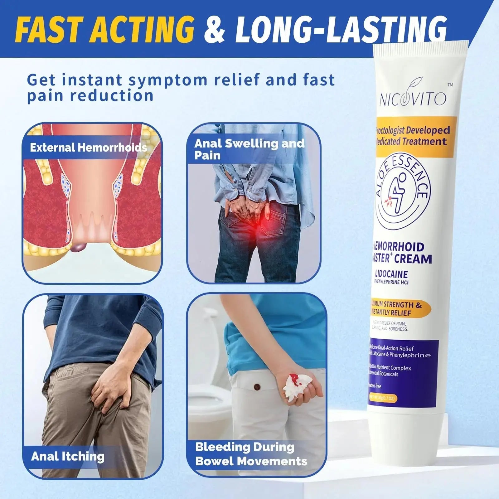 NICOVITO Hemorrhoid & Fissure Treatment Cream, 4% Lidocaine & Phenylephrine HCl Ointment, Maximum Strength Fast Relief for Pain, Itching & Swelling, External Use (0.7 oz) NICOVITOAu supplements
