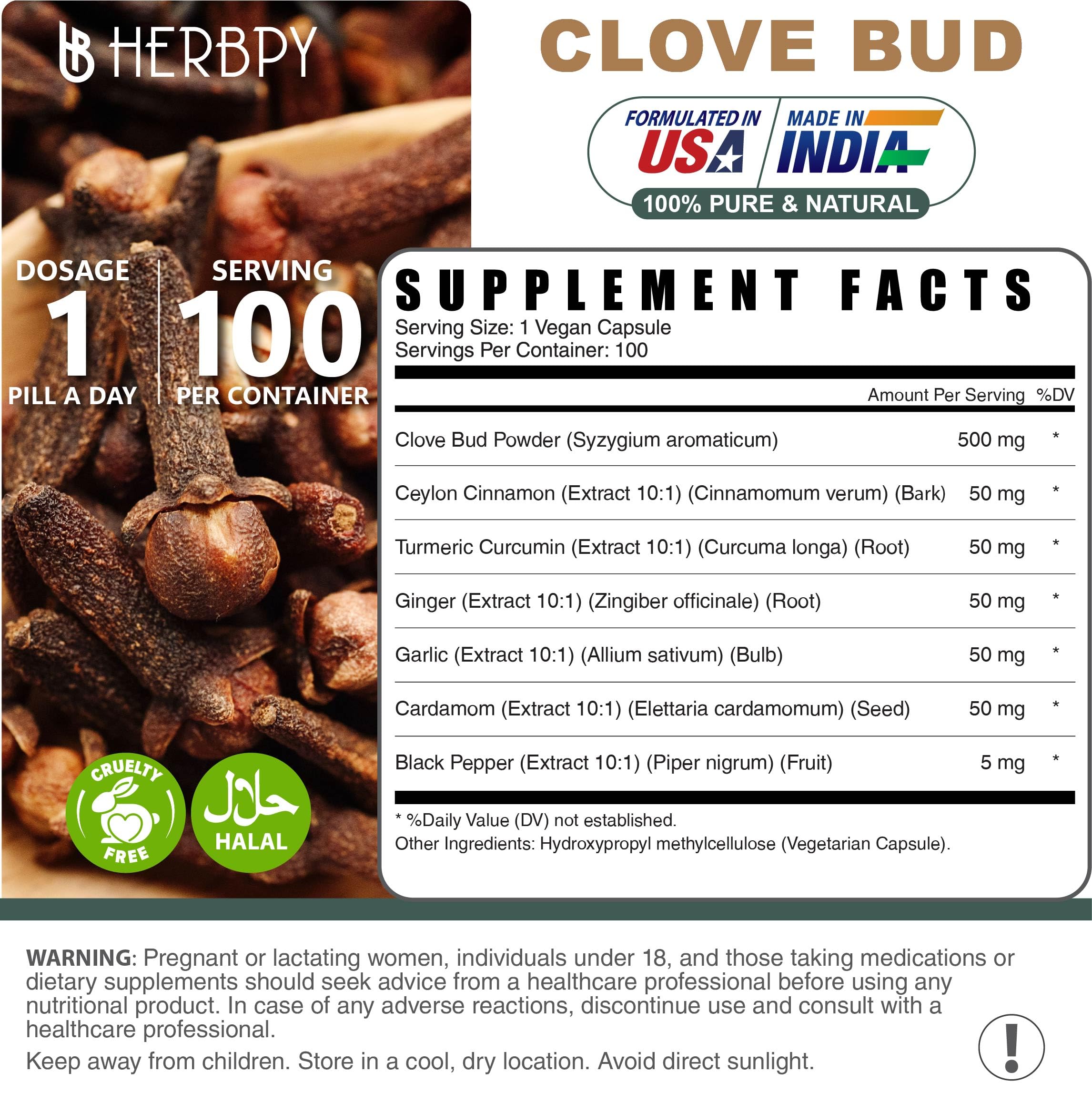 Herbpy 7in1 Clove Supplement Rich in Vitamins & Minerals Supports Digestion, Immune & Heart Health with Cinnamon, Turmeric, Ginger, Cardamom, Garlic & Black Pepper - 100 Vegan Capsules HerbpyAu supplements