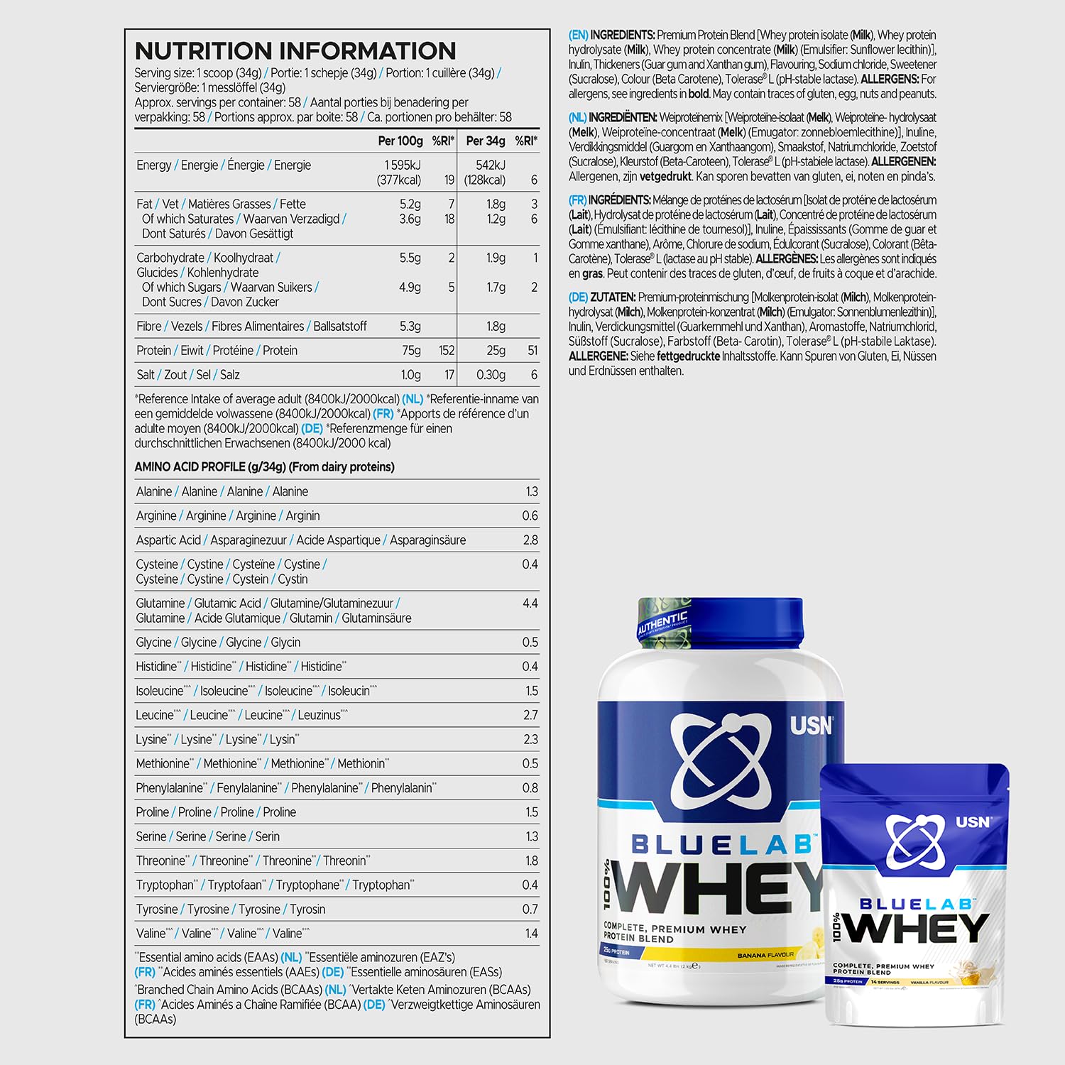 USN Blue Lab Whey Protein Powder: Banana - Whey Protein 908g - Post-Workout USNAu supplements