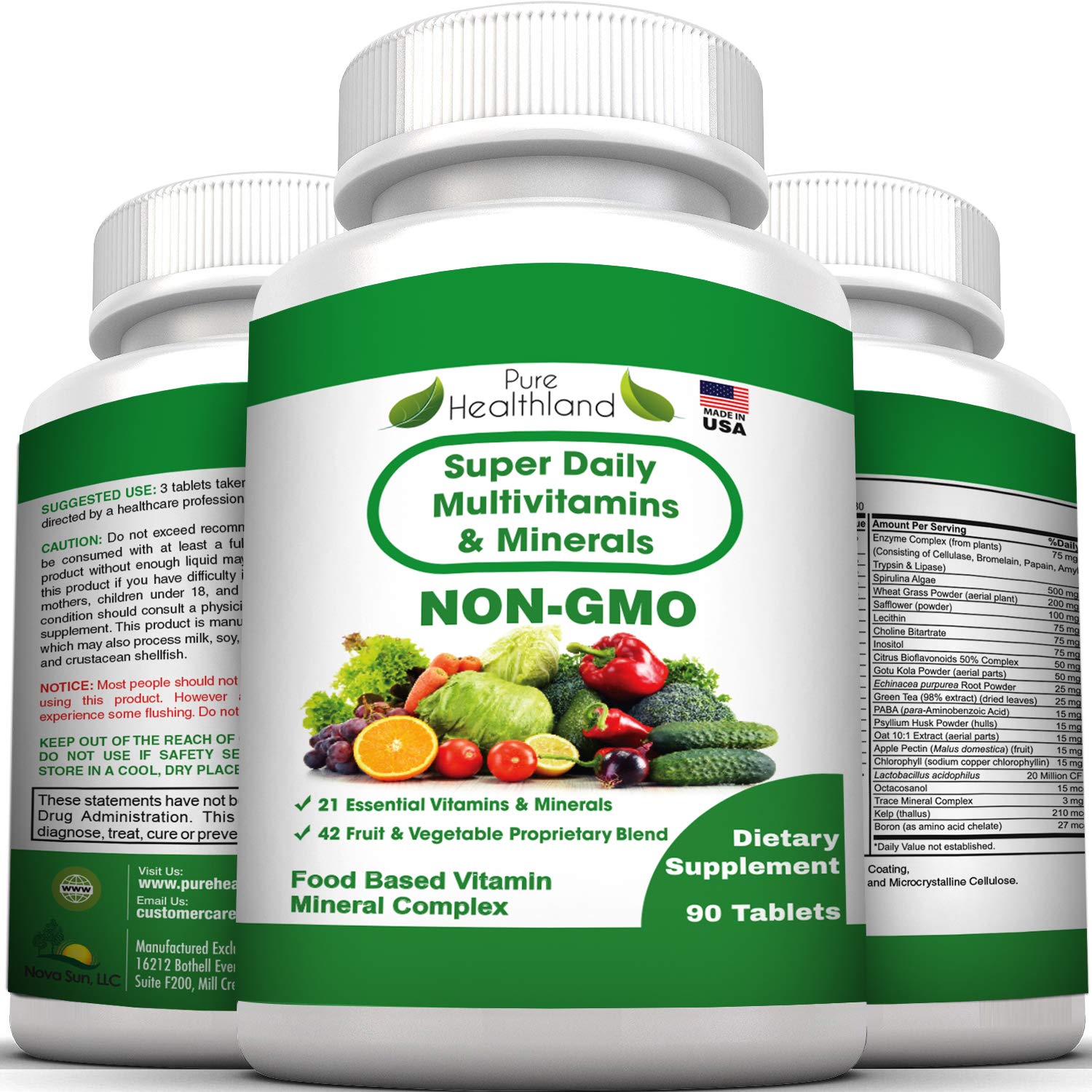 Pure Heathland Non-GMO Super Daily Multivitamin for Adults – 42 Natural Fruits & Vegetables Blend with 21 Essential Vitamins & Minerals – Vegan Coating Tablets, 90 Count, Made in USA Pure HealthlandAu supplements