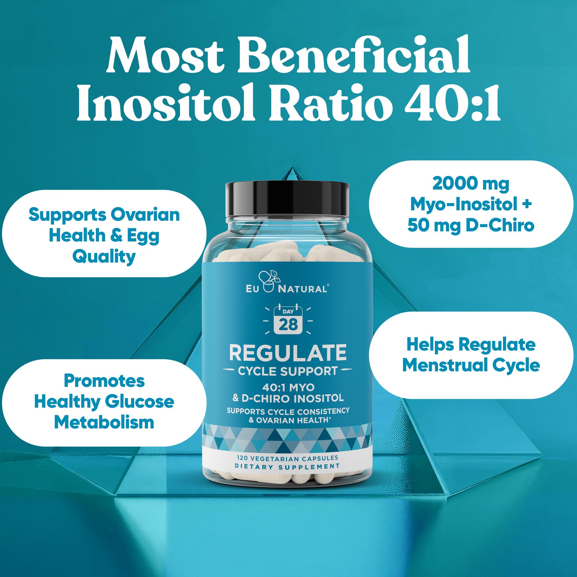 Regulate Cycle Support – Hormone Balance for Women at Optimal 40:1 Myo-Inositol 2000 mg & D-Chiro Inositol 50 mg – Supplement for Period Consistency, Menstrual & Ovulation Support – 120 Vegan Capsules Eu NaturalAu supplements