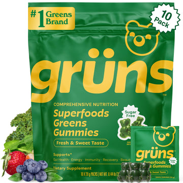 Gruns Sugar-Free Super Greens Gummies, Multivitamin Superfood Gummy Bears, Spirulina, Chlorella, Prebiotics & Fiber gummies for Digestive Health, Adaptogens Supplement, 20 Vitamins & Minerals, 10 pack GrünsAu supplements