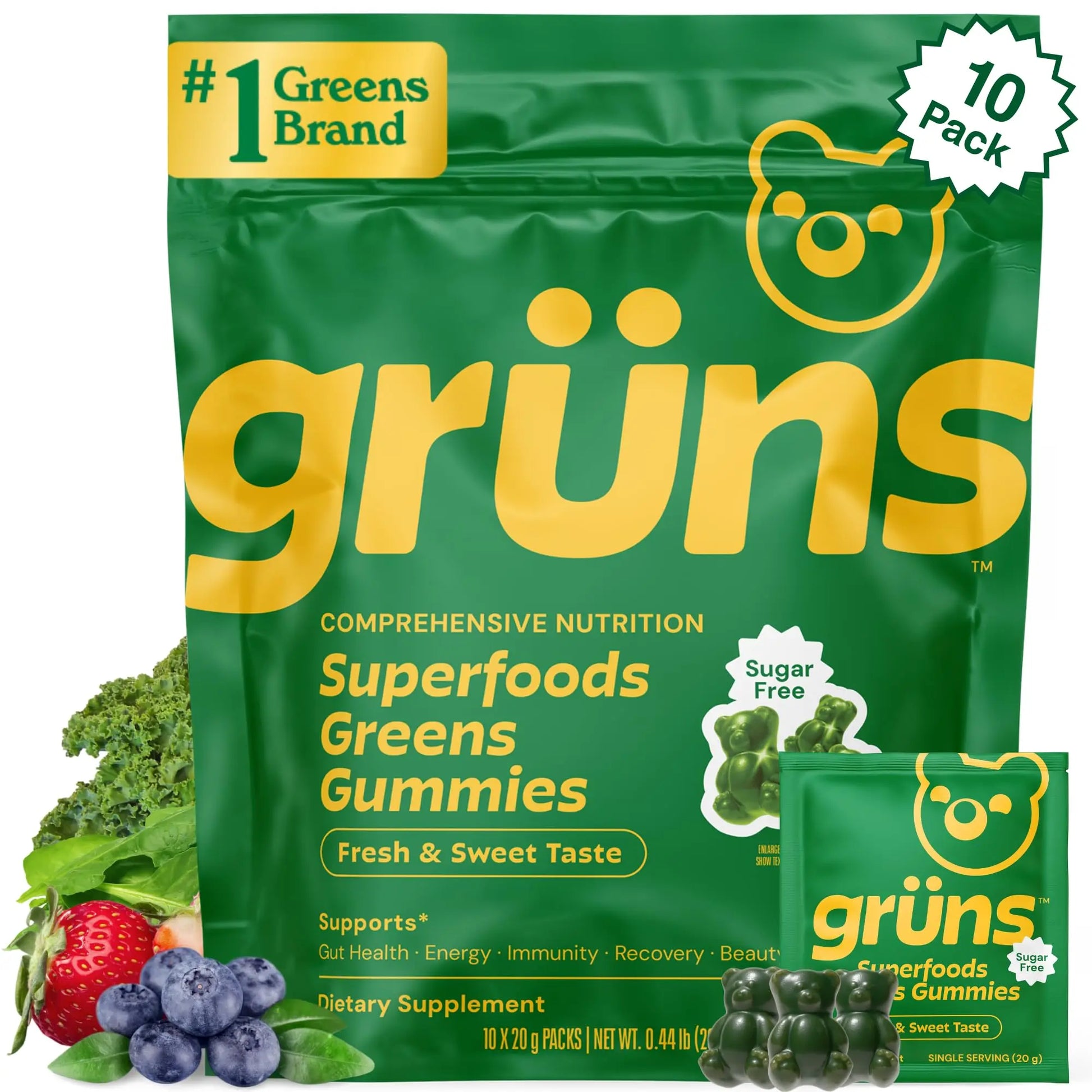 Gruns Sugar-Free Super Greens Gummies, Multivitamin Superfood Gummy Bears, Spirulina, Chlorella, Prebiotics & Fiber gummies for Digestive Health, Adaptogens Supplement, 20 Vitamins & Minerals, 10 pack GrünsAu supplements