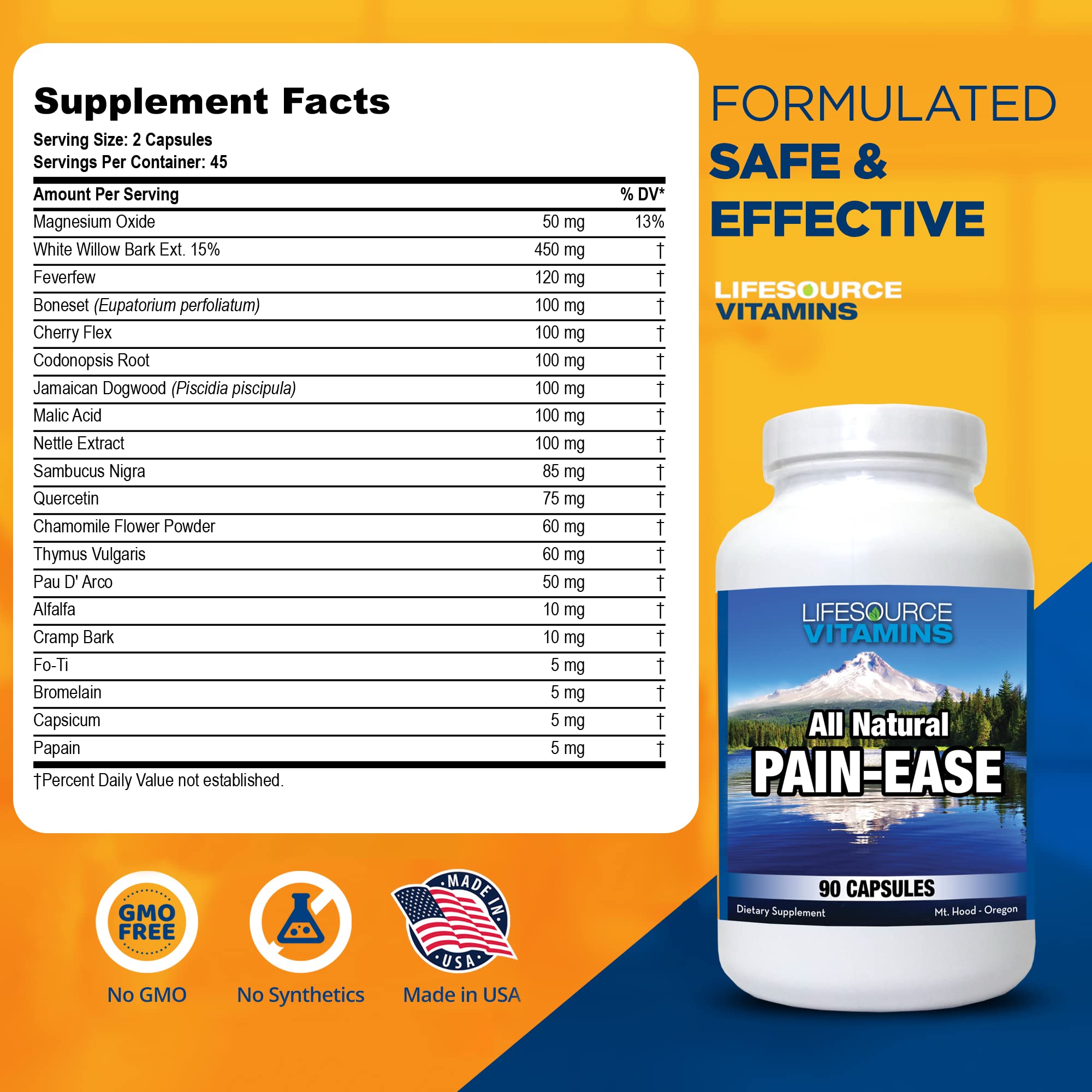 LifeSource Vitamins All Natural Pain Ease – 20 Synergistic Herbs and Enzymes That Naturally & Safely Support: Headaches & Migraines - Knees – Shoulders – Joints – Leg Pain – Tension LifeSource VitaminsAu supplements