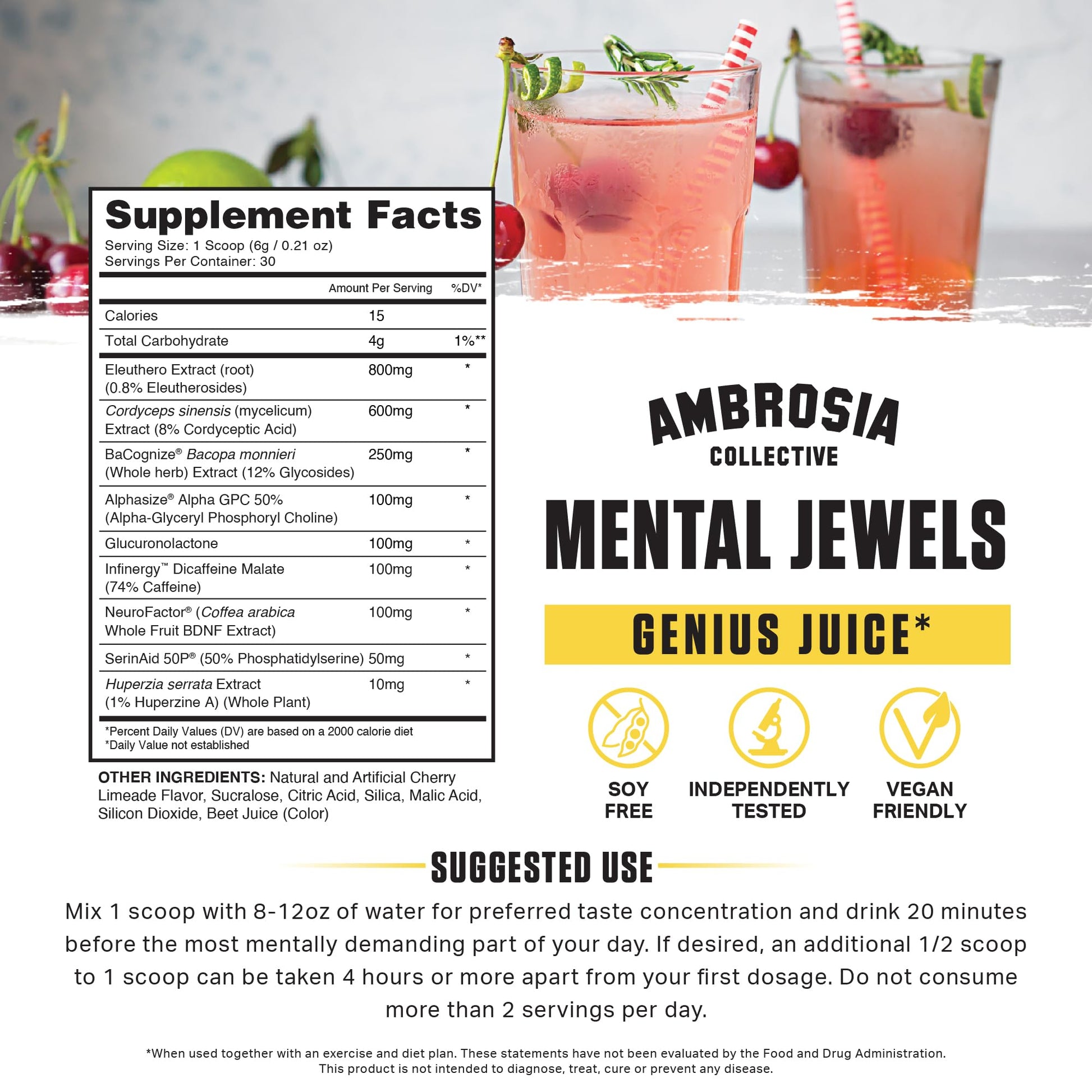 Ambrosia Mental Jewels Nootropic Brain Supplement Powder | Alpha GPC, Bacopa & Phosphatidylserine | Memory, Focus & Concentration Support | 30 Servings | Cherry Limeade AmbrosiaAu supplements
