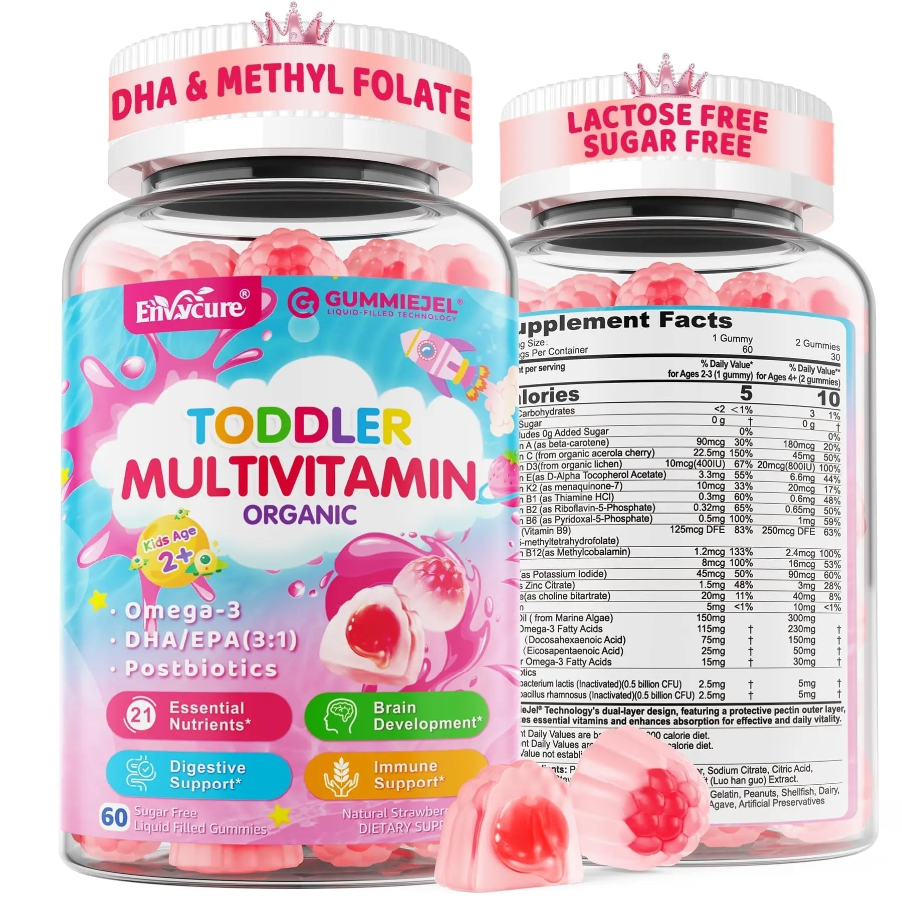 Organic Toddler Multivitamin Gummies + Omega-3 (DHA/EPA), Postbiotics | kids 2+ multivitamin | Vitamins A C D3 Methyl B12 Folate Zinc EnvyCureAu supplements