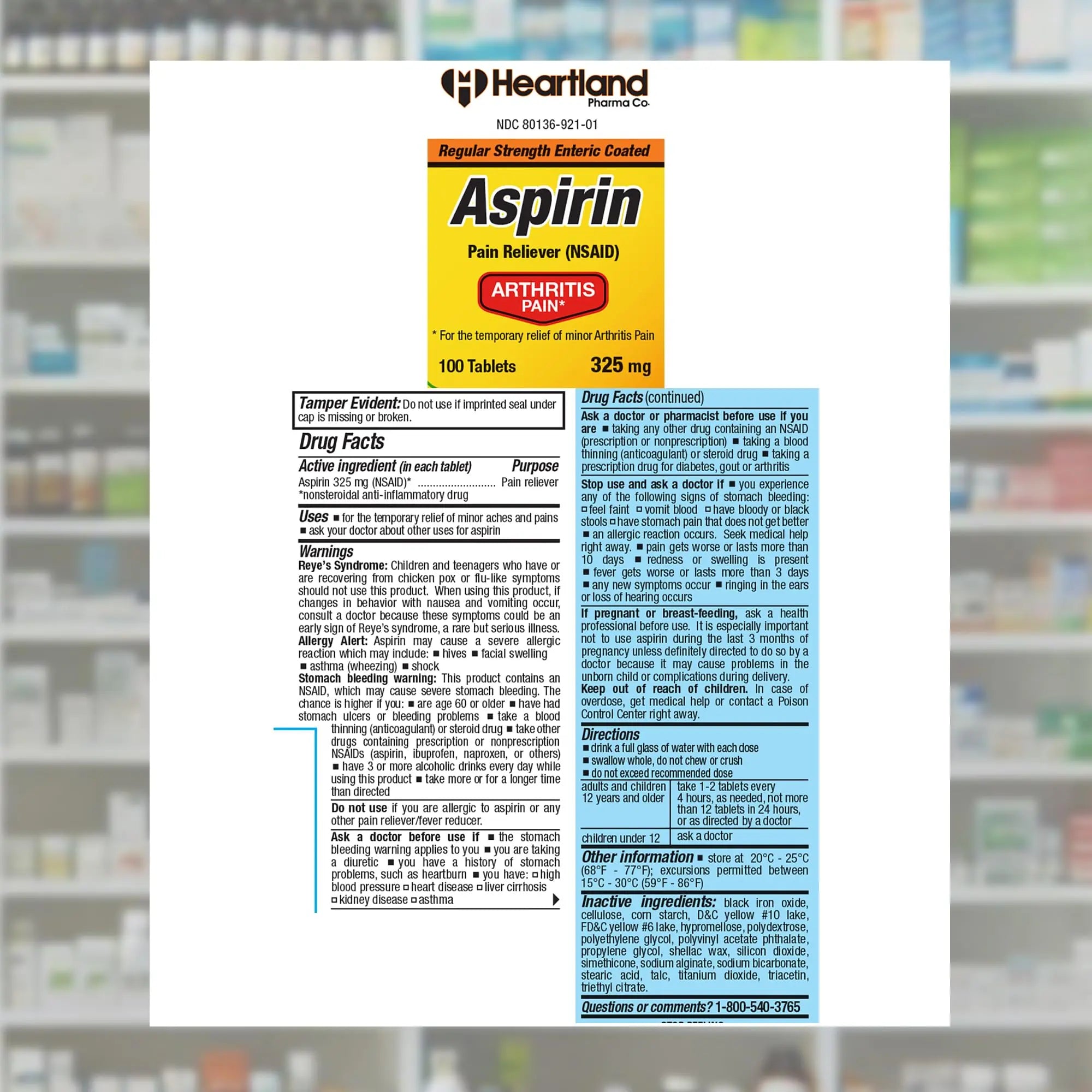 Heartland Pharma Aspirin 325mg Enteric Coated Tablets | Original Strength NSAID Pain Reliever & Fever Reducer | Joint Pain Relief for Arthritis | Child-Resistant Safety Cap | Made in USA | 100 Count Heartland PharmaAu supplements