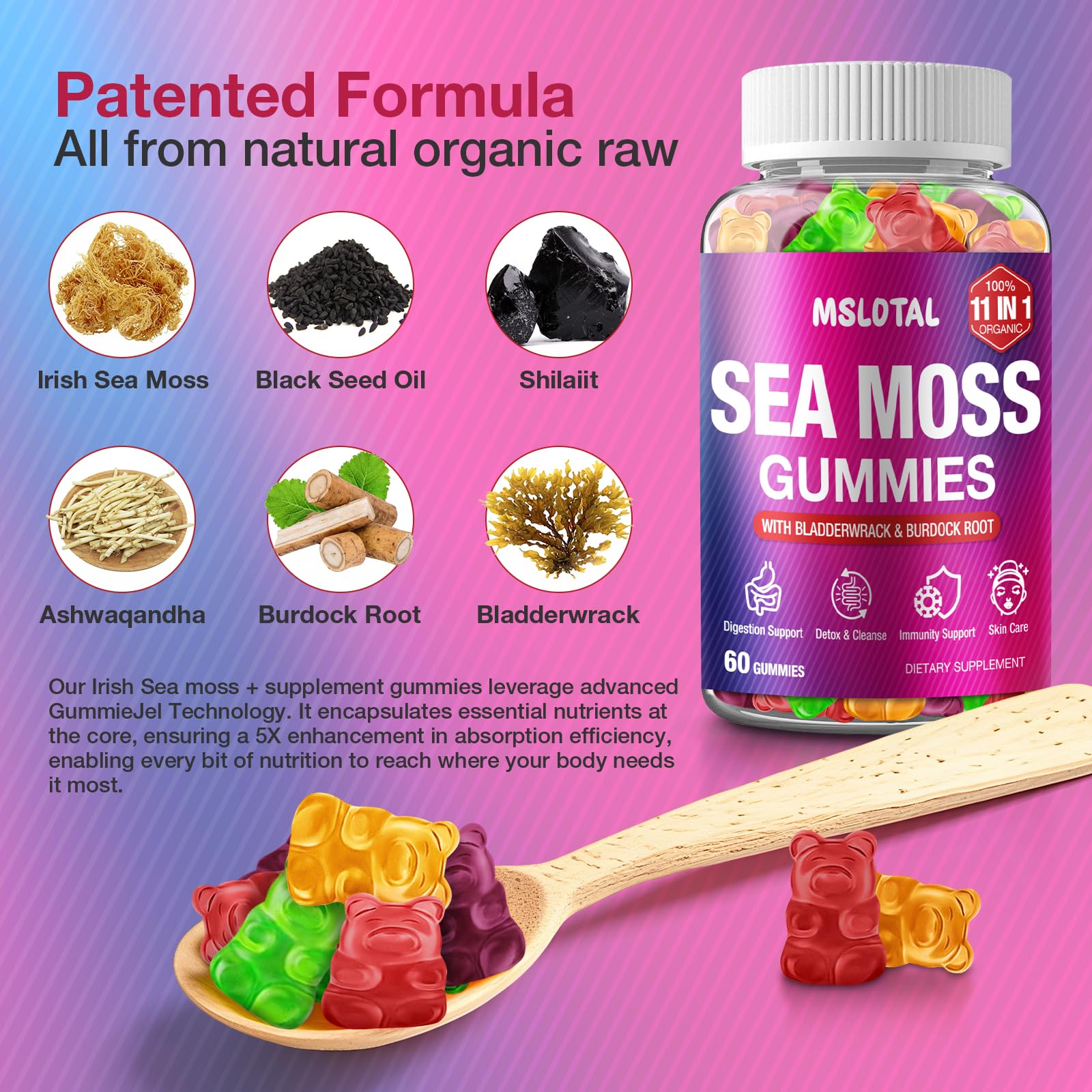 MSLOTAL Irish Sea Moss Gummies with Black Seed Oil, Ashwagandha Bladderwrack and Burdock Root, Organic Sea Moss Gummies for Women and Men with Shilajit, Immune Support, Vegan, 120 Gummies Totalss MSLOTALAu supplements