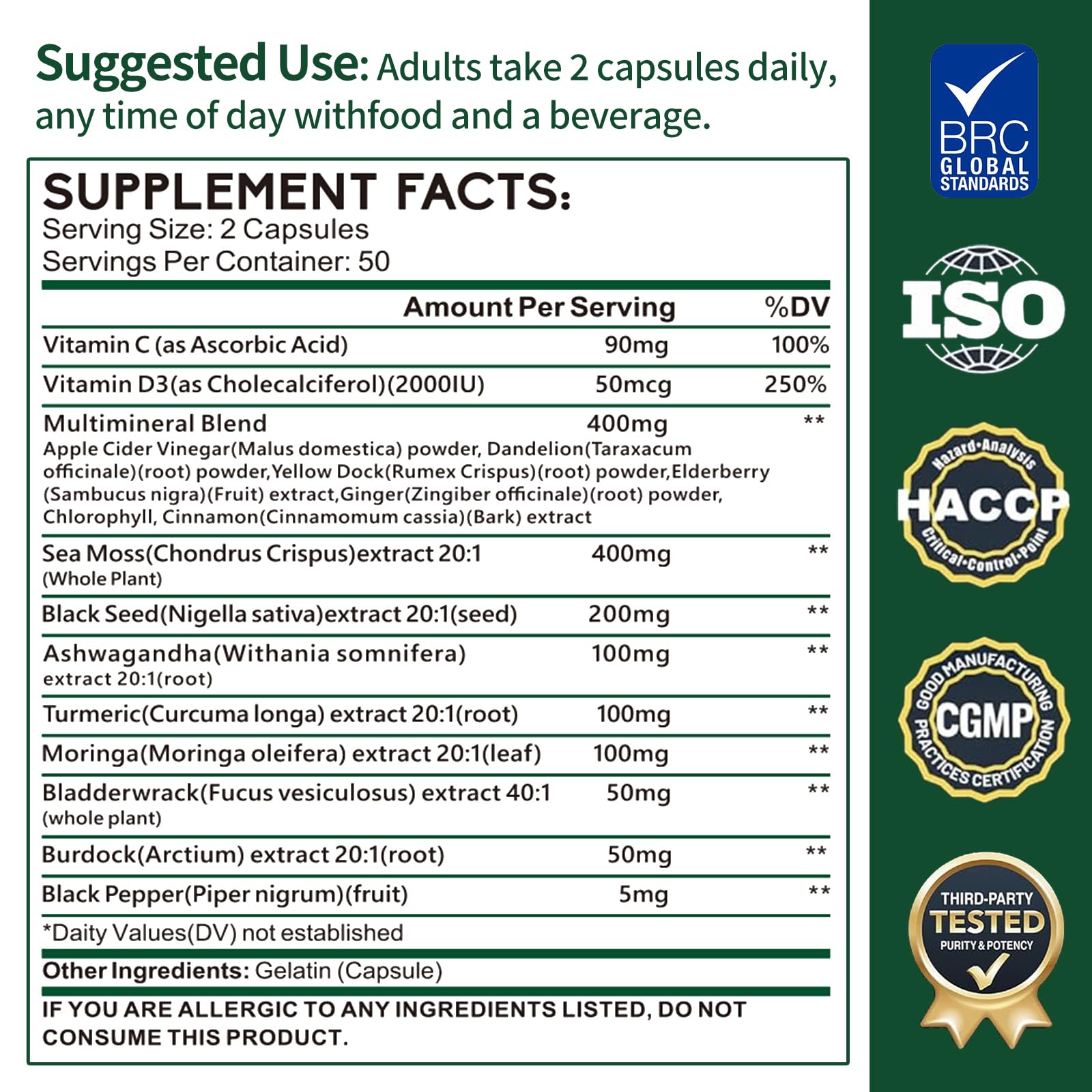 Zhibenon Sea Moss Capsules with Bladderwrack & Burdock - 50 Day Supply - Powerful Formula with Black Seed Oil, Ashwagandha, Turmeric, Vitamin C, Vitamin D3, Moringa & Black Pepper Extract ZhibenonAu supplements