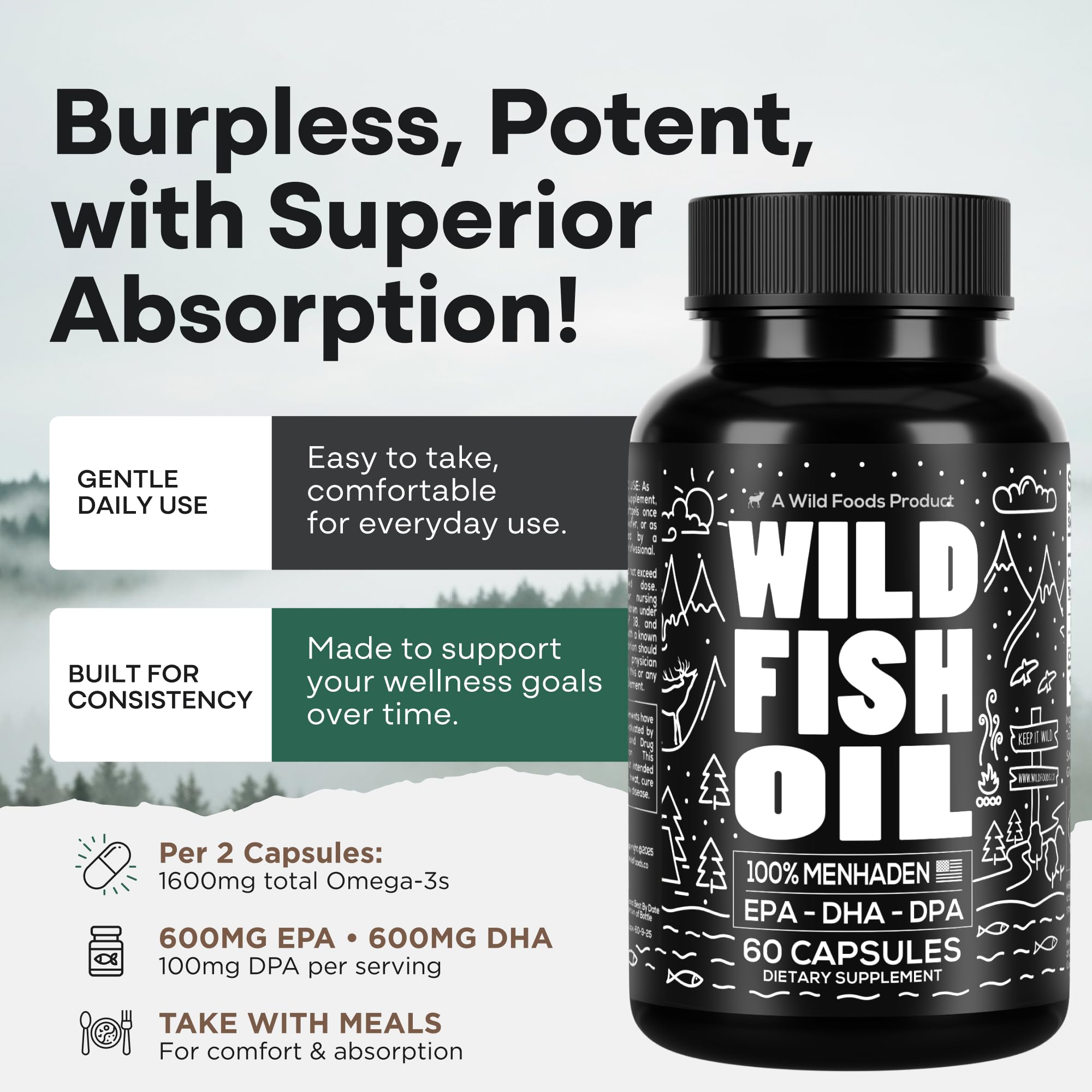 Wild Foods Fish Oil Omega 3 Supplements | 1600 mg | Highly-Potent: DPA, DHA, EPA | Burpless, Odorless, Non-GMO, Gluten Free | For Brain & Heart Health, Joint Support | 60 Capsules (1 pk) | 30 Servings Wild FoodsAu supplements