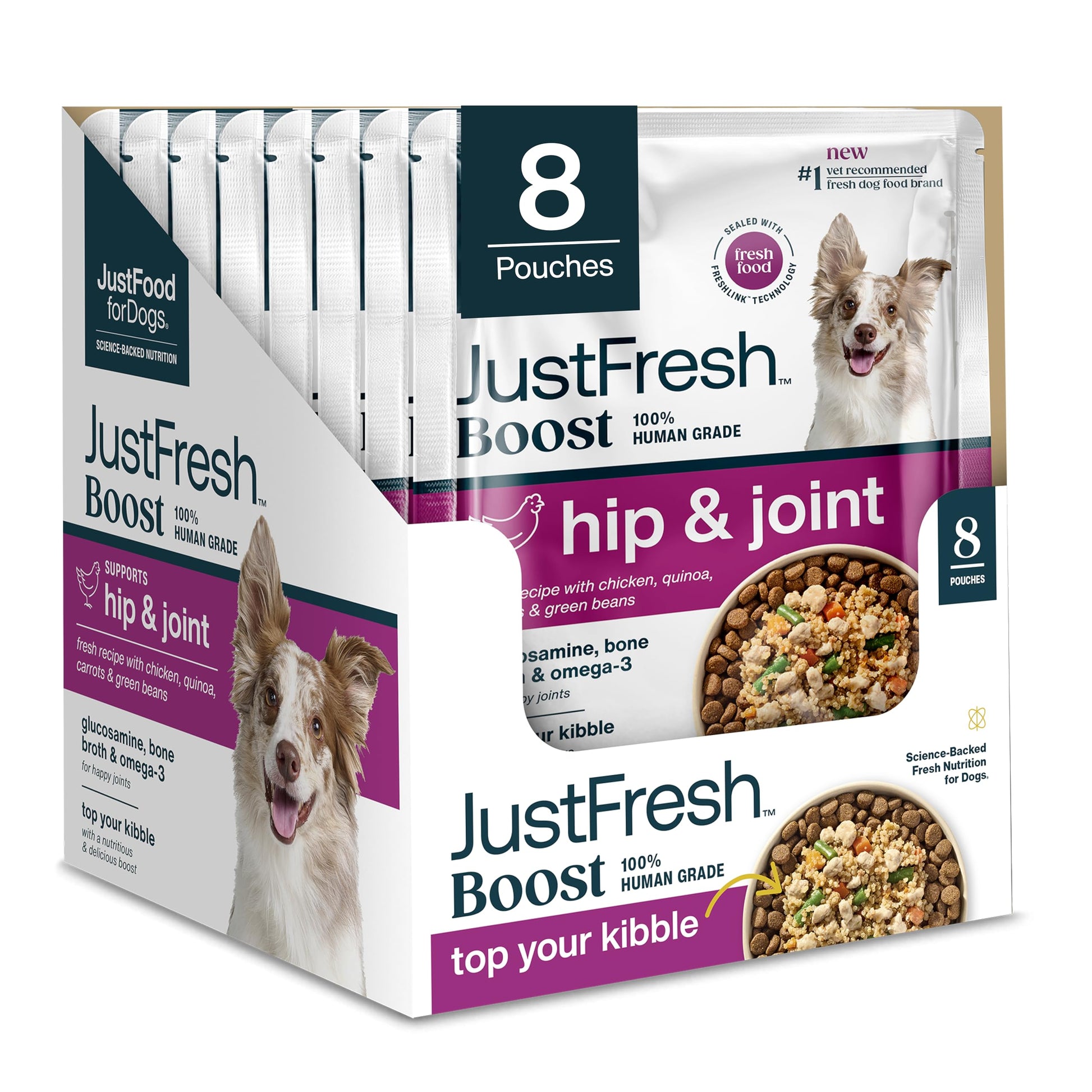 JustFoodForDogs JustFresh Boosts Hip & Joint Support Dog Food Toppers with Glucosamine to Support Hip Mobility & Joint Flexibility, Human-Grade Fresh Pet Meal Booster, 8 oz Pouches - 8 Pack JustFoodForDogsAu supplements