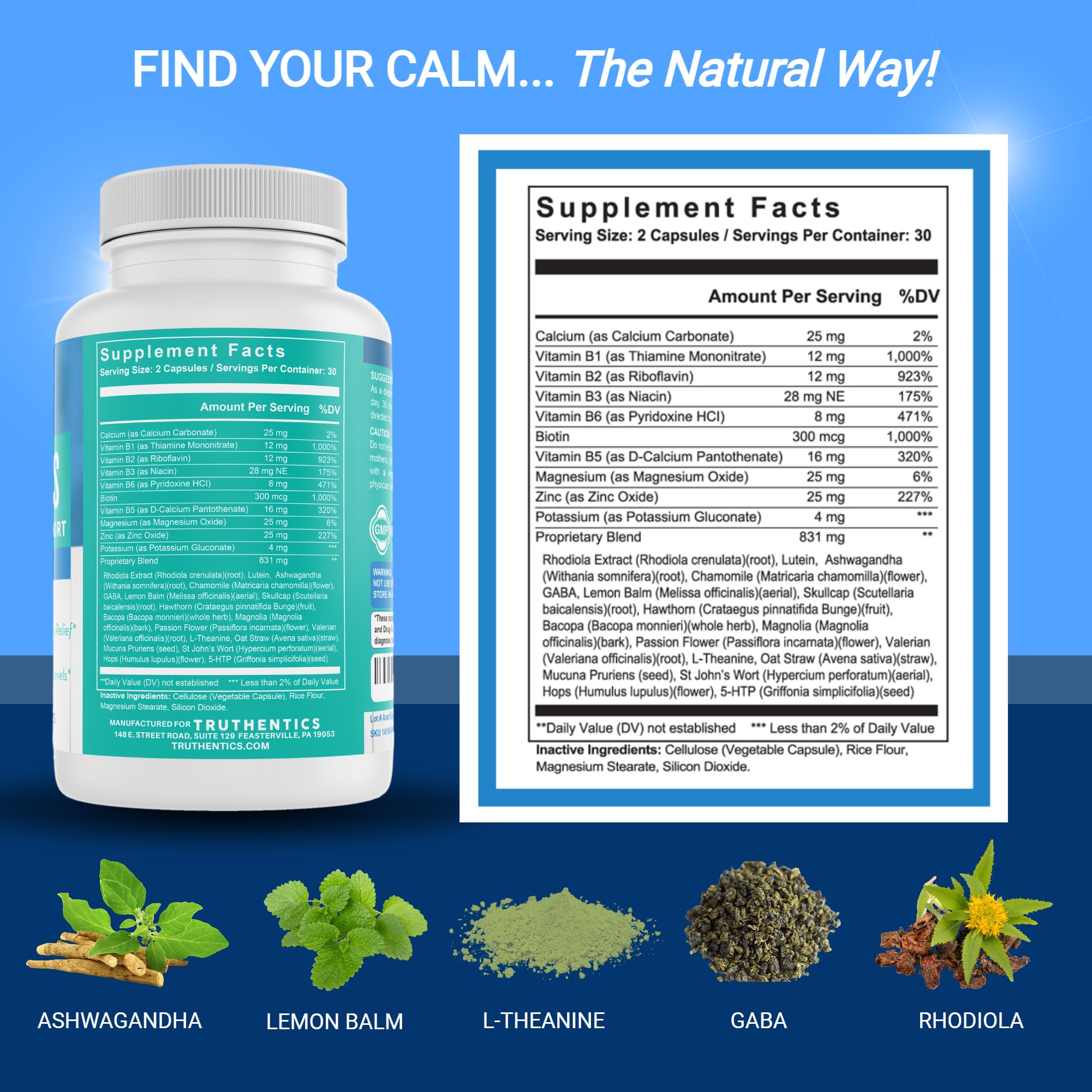 TRUTHENTICS Bye-Bye Stress - Stress & Mood Support Supplement for Women with Ashwagandha, GABA, Lemon Balm, L-Theanin & Vitamin B Complex - Vegan - 60 Capsules TRUTHENTICSAu supplements