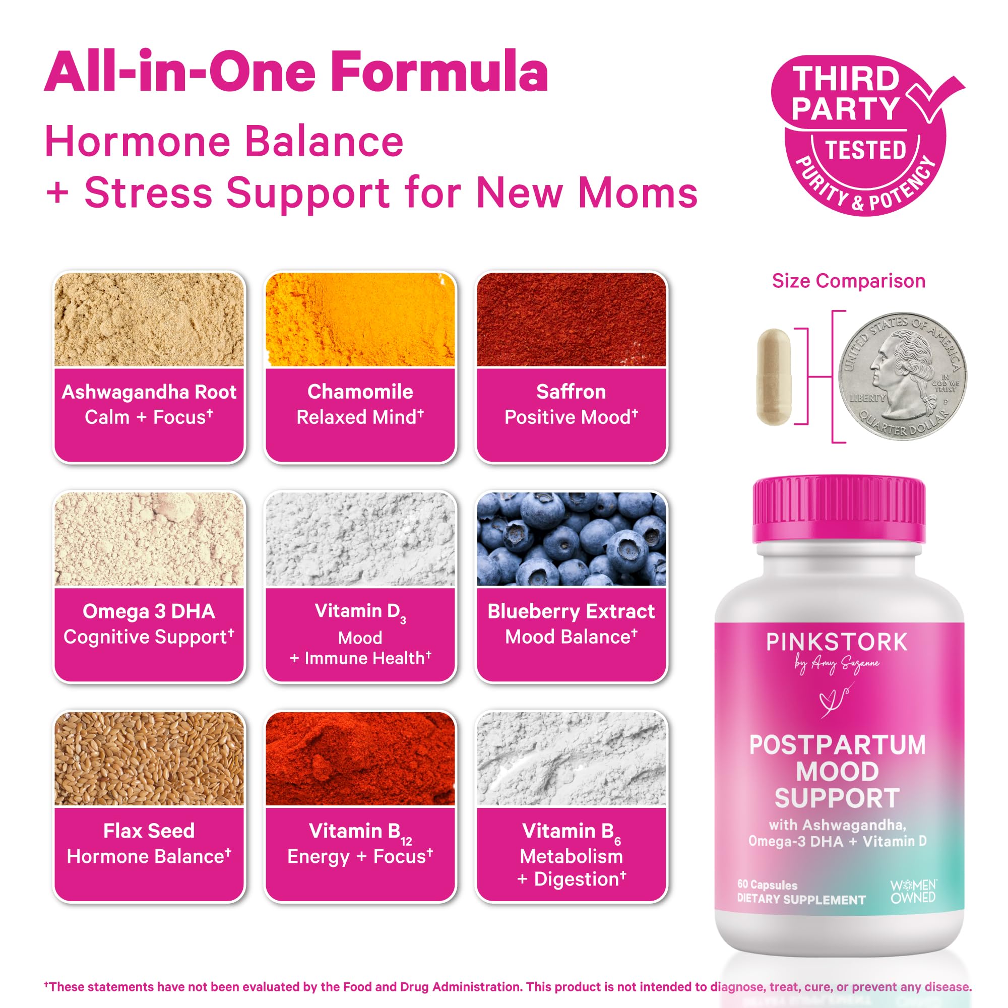 Pink Stork Postpartum Mood Support - Postnatal Hormone Balance for Women - Breastfeeding Friendly - Stress & Cognitive Support, New Mom Essentials - Ashwagandha, Chamomile, & Vitamin D, 60 Capsules Pink StorkAu supplements