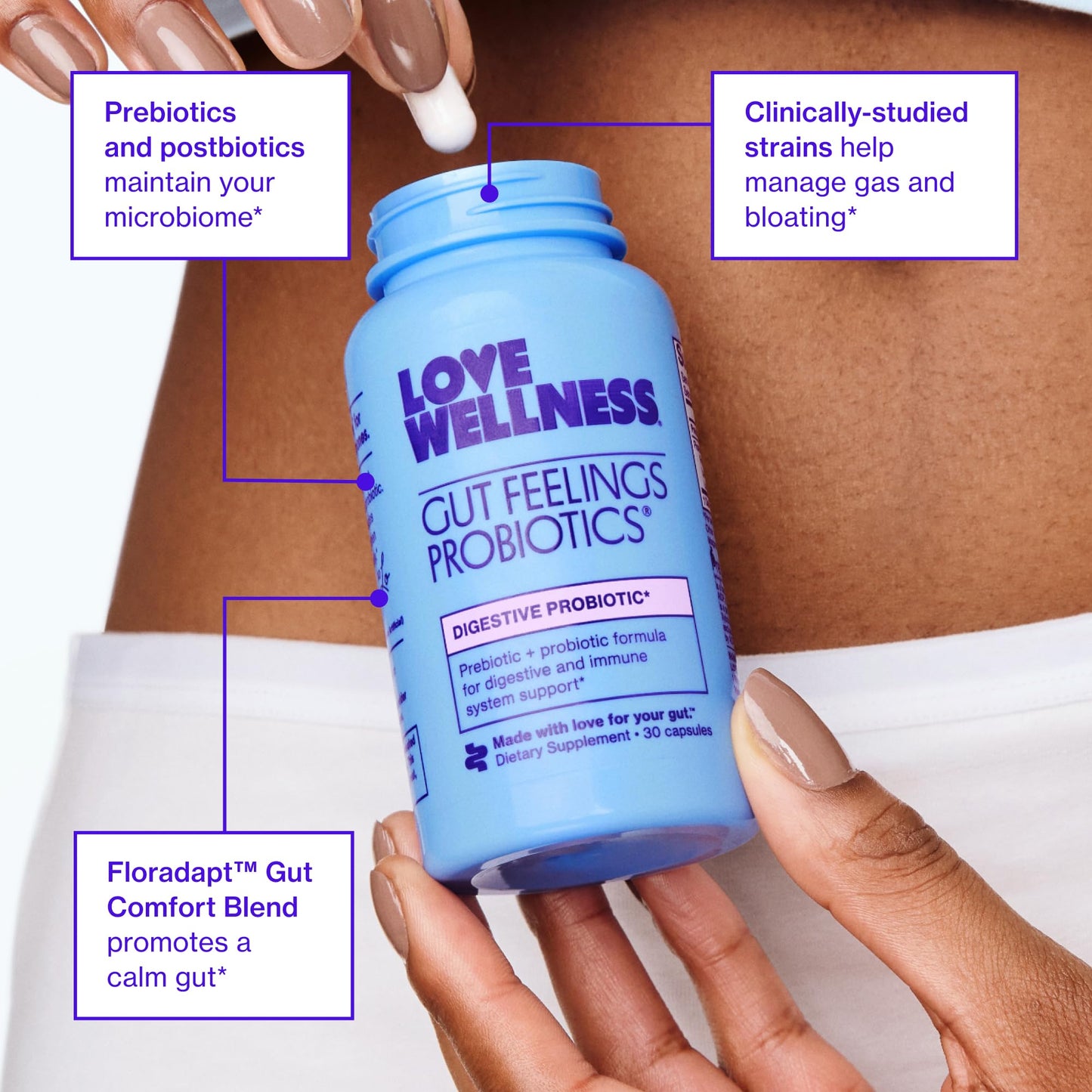 Love Wellness Gut Feelings Probiotic | Gut Health for Women, Digestion Relief & Immune Support Supplement | Womens Probiotic for Gas Relief | 3 Billion CFU | Safe Prebiotic and Postbiotic | 30 Count Love WellnessUS supplements