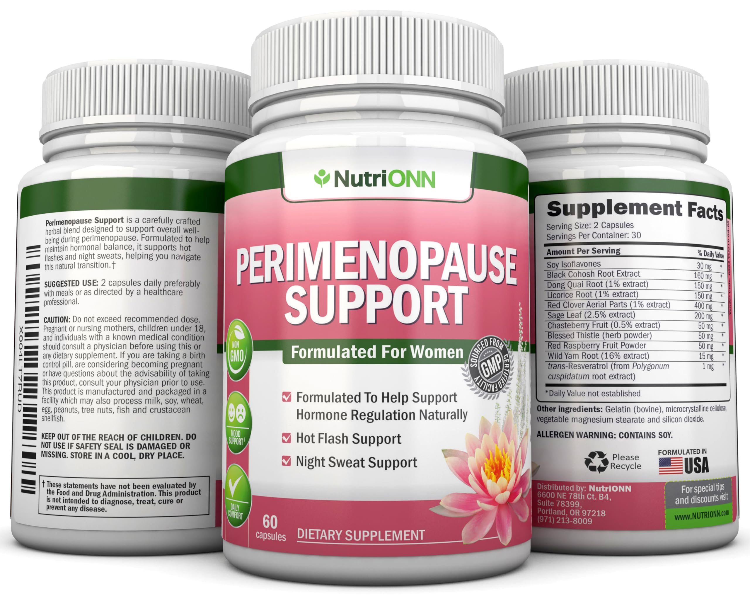 NutriONN Perimenopause Supplement for Women - Natural Support for Hot Flashes & Night Sweats - Improved Mood & Sleep - 11 Herbal Ingredients with Black Cohosh & Red Clover - Hormone Balance - Non-GMO NutriONNAu supplements