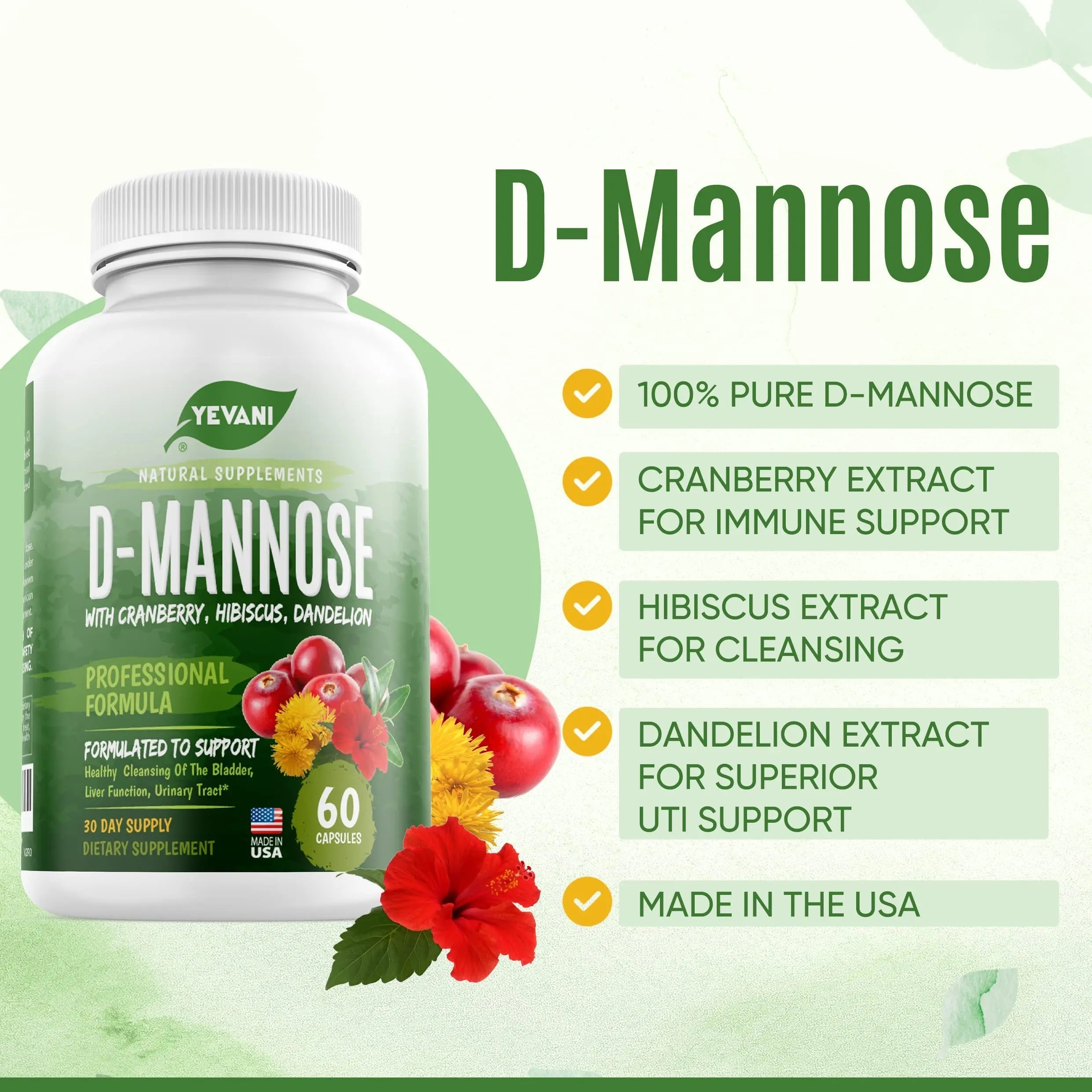 YEVANI 100% Pure D-Mannose Capsules 1000 mg with Cranberry, Hibiscus, and Dandelion Extract, Fast Acting Professional UTI Prevention Formula for Urinary Tract Health and Bladder Support YEVANIAu supplements