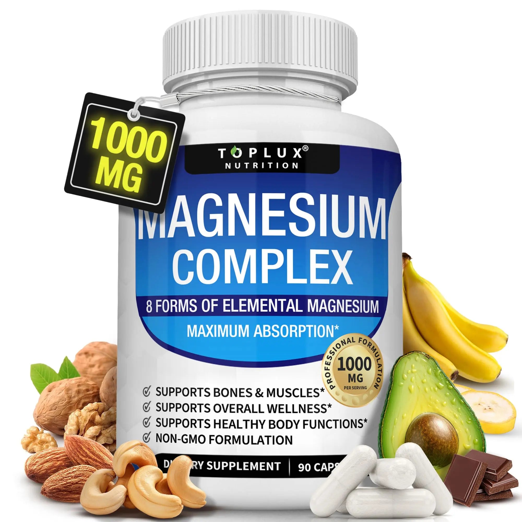 Magnesium Complex Supplement 8 Elemental 1000mg - Magnesium Glycinate, Citrate, Malate, Taurate, Chelated for Easy Absorption for Bones, Muscle, Recovery, Energy, Vegan Non-GMO 90 Capsules TopluxAu supplements
