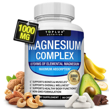 Magnesium Complex Supplement 8 Elemental 1000mg - Magnesium Glycinate, Citrate, Malate, Taurate, Chelated for Easy Absorption for Bones, Muscle, Recovery, Energy, Vegan Non-GMO 90 Capsules TopluxAu supplements
