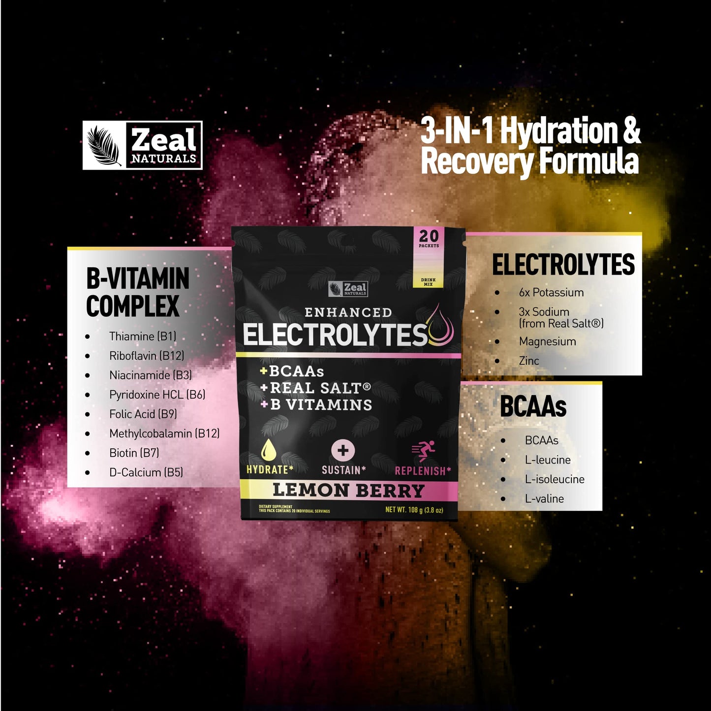 Enhanced Powder Stick Packs (Lemon Berry - 20 Packets) Sugar Free + BCAA B-Vitamins Zeal NaturalsUS supplements