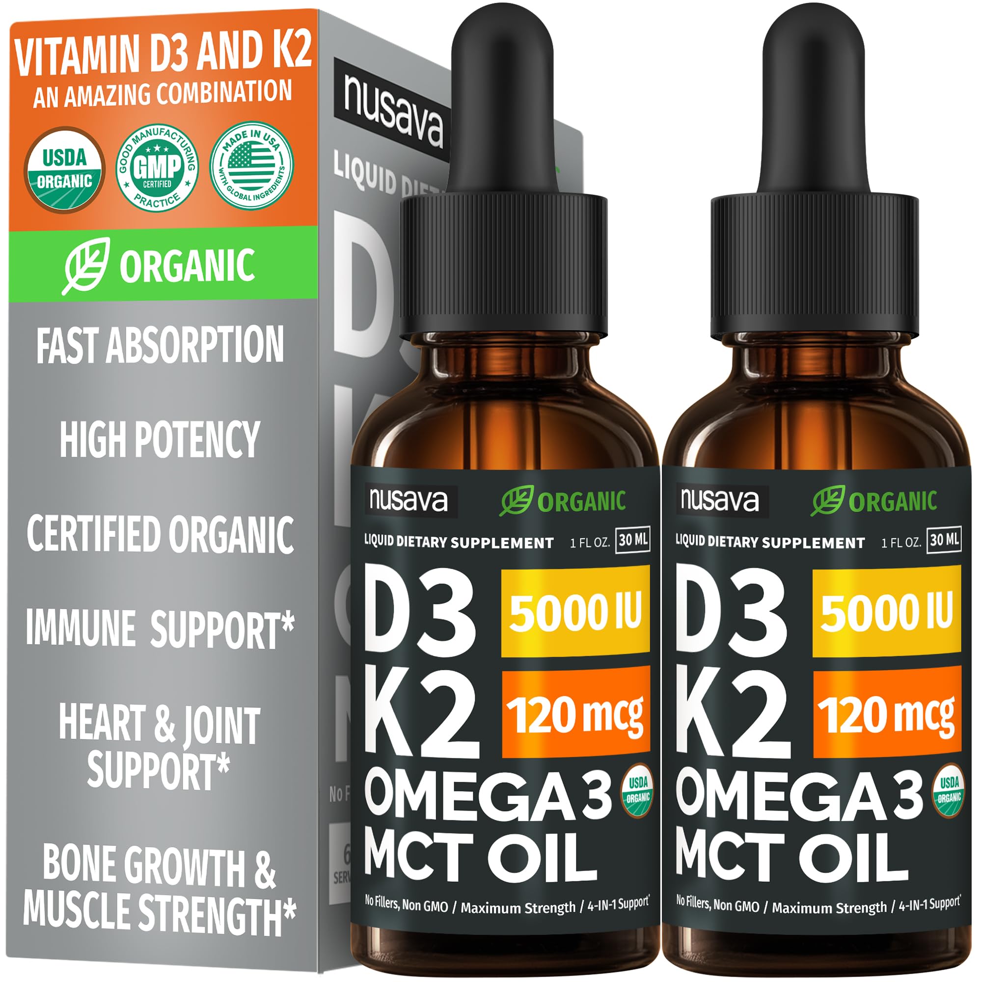 (2 Pack) Organic Vitamin D3 K2 Drops with MCT Oil Omega 3, 5000 IU, Maximum Strength Vitamin D Liquid, No Fillers, Non-GMO Liquid D3 for Faster Absorption and Immune Support (Unflavored, 2 Fl Oz) NUSAVAAu supplements