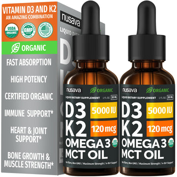 (2 Pack) Organic Vitamin D3 K2 Drops with MCT Oil Omega 3, 5000 IU, Maximum Strength Vitamin D Liquid, No Fillers, Non-GMO Liquid D3 for Faster Absorption and Immune Support (Unflavored, 2 Fl Oz) NUSAVAAu supplements