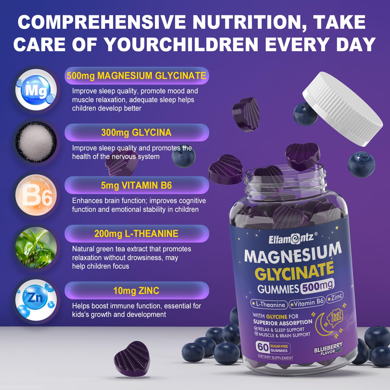 Magnesium Glycinate Gummies 500mg/250mg for Adults Kids Teens, Sugar Free Magnesium Calm Sleep Aid, Kids Sleep Gummies with L-Theanine Glycine B6 for Sleep, Calm, Muscle,Relax Brain,No Melatonin,2Pack ELLAMENTZAu supplements