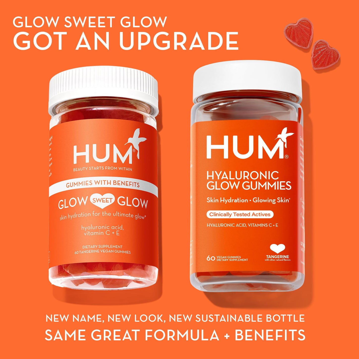 HUM Hyaluronic Glow Hydrating Skin Care Supplement, with Low Molecular Hyaluronic Acid, Vitamin C from Amla Fruit, and Vitamin E, Antioxidant Support for Skin Hydration, Tangerine, 60 Vegan Gummies HUMUS supplements
